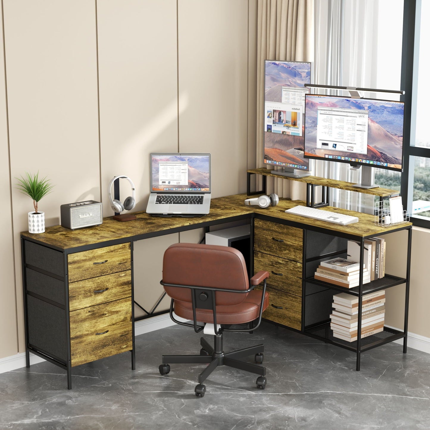 Industrial L Shaped Computer Desk With Power Outlets & USB-C, 6 Fabric Drawers, 3 Open Shelves, Movable Monitor Stands - Brown