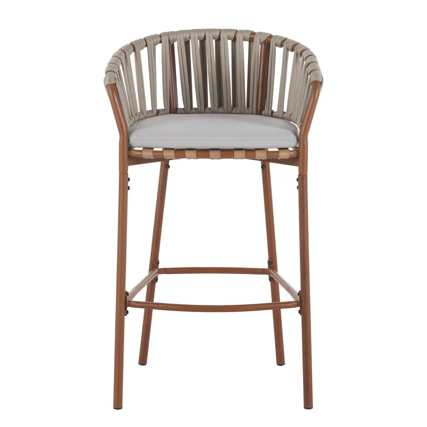 Lodi Outdoor Metal Rope Barstool, Teak Finished Frame and Beige Cushion, Set of 4
