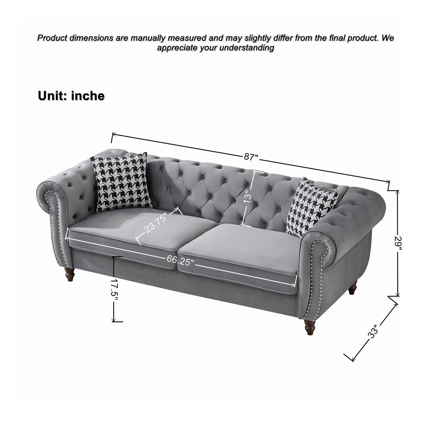Chesterfield 3 And 2 Seater Upholstery Sofa With Roll Armrest & Nailhead Fabric Couch