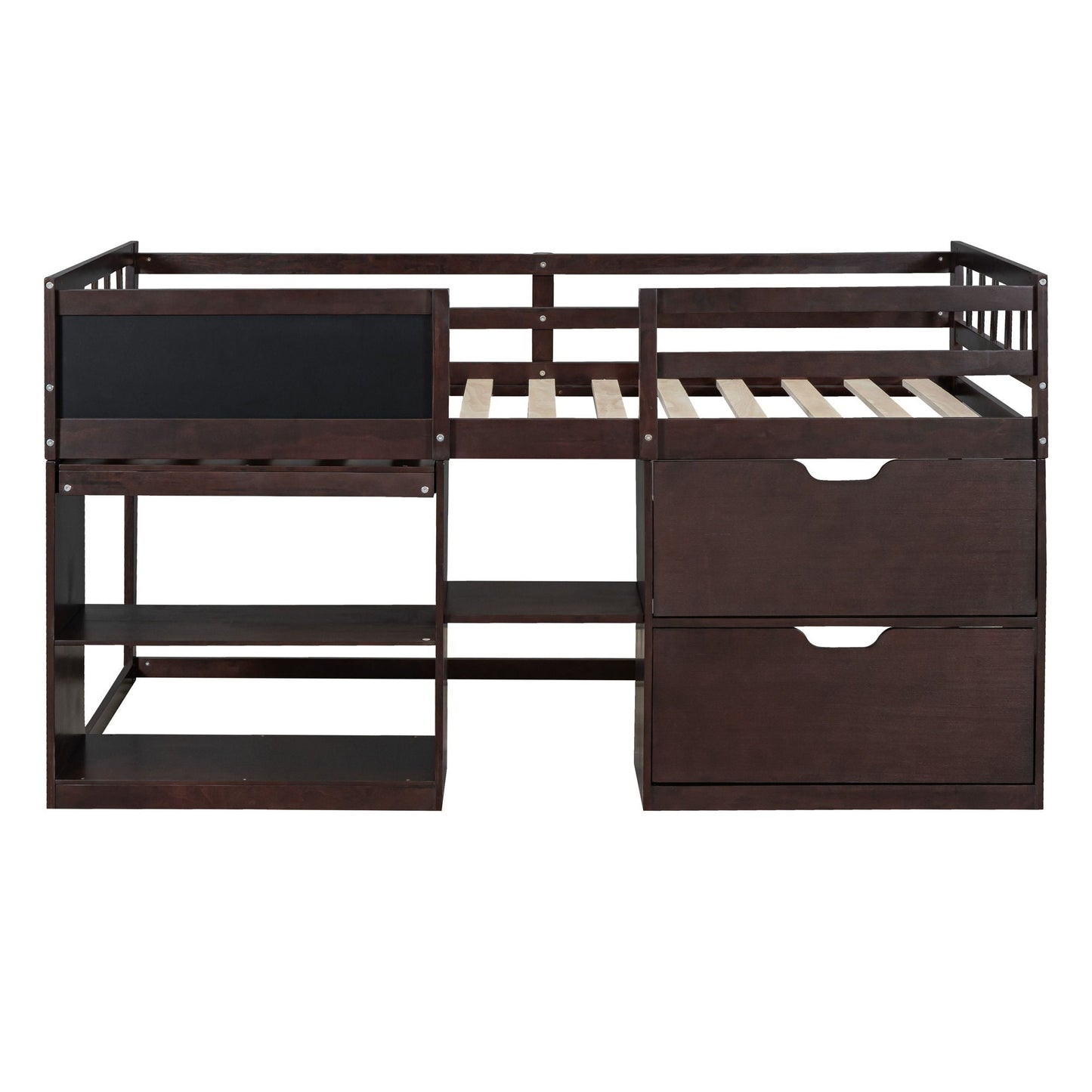 Low Loft Bed With Rolling Desk, Shelf And Drawers