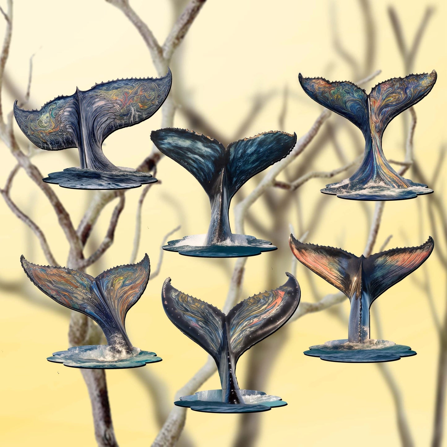 Vibrant Whale Stories Clip-On Eco Wood Decorative Ornaments Set of 6 by G. Debrekht - Wildlife Decor - 8090104C-S6