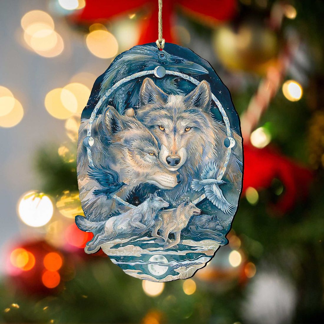 In Spirit I Am Free Wolves Ravens Wooden Ornaments by J. Bergsma - Wildlife Holiday Decor - 8591723-JB