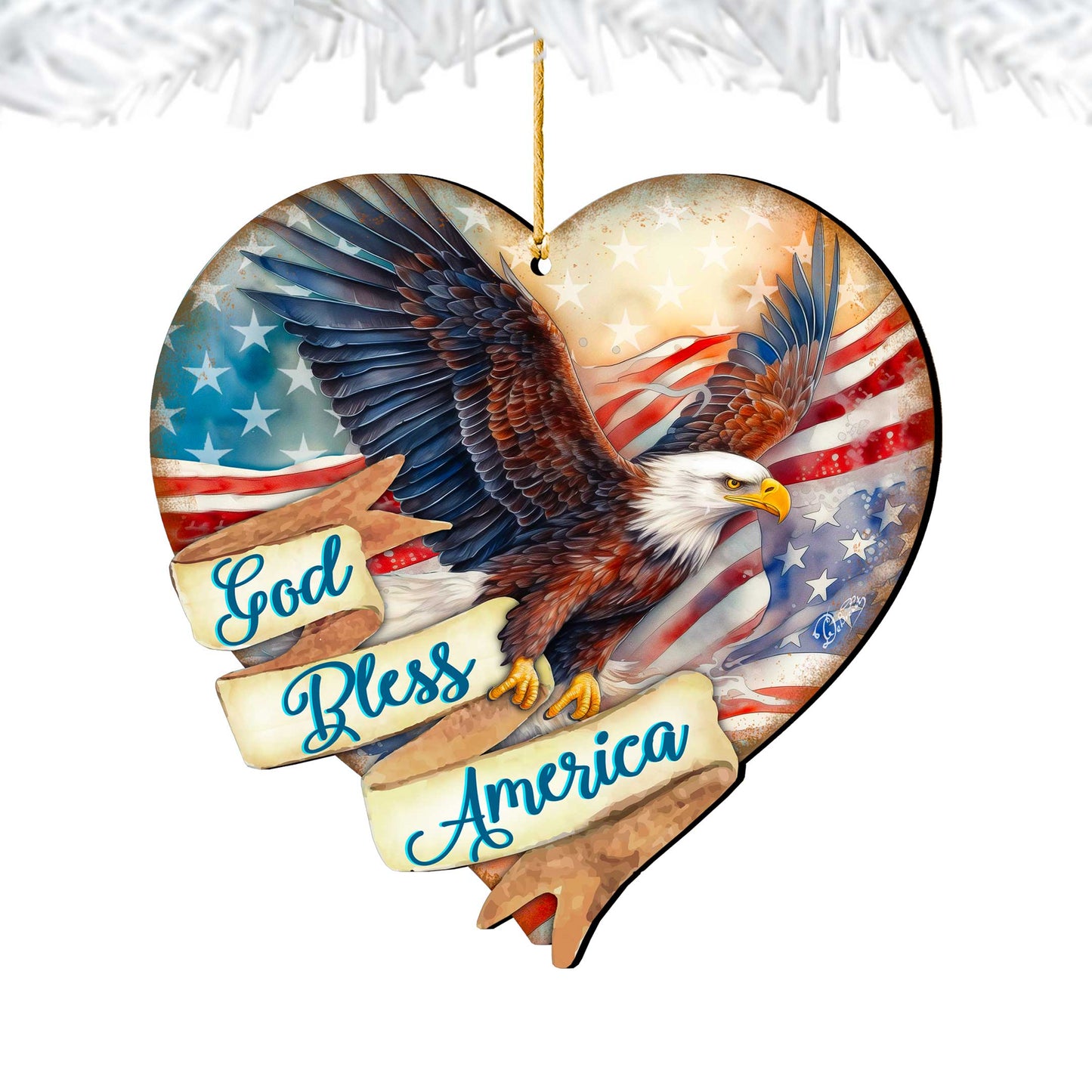 God Bless America Patriotic Eagle Heart Wooden Ornaments by G.Debrekht American Holiday Decor - 8652789