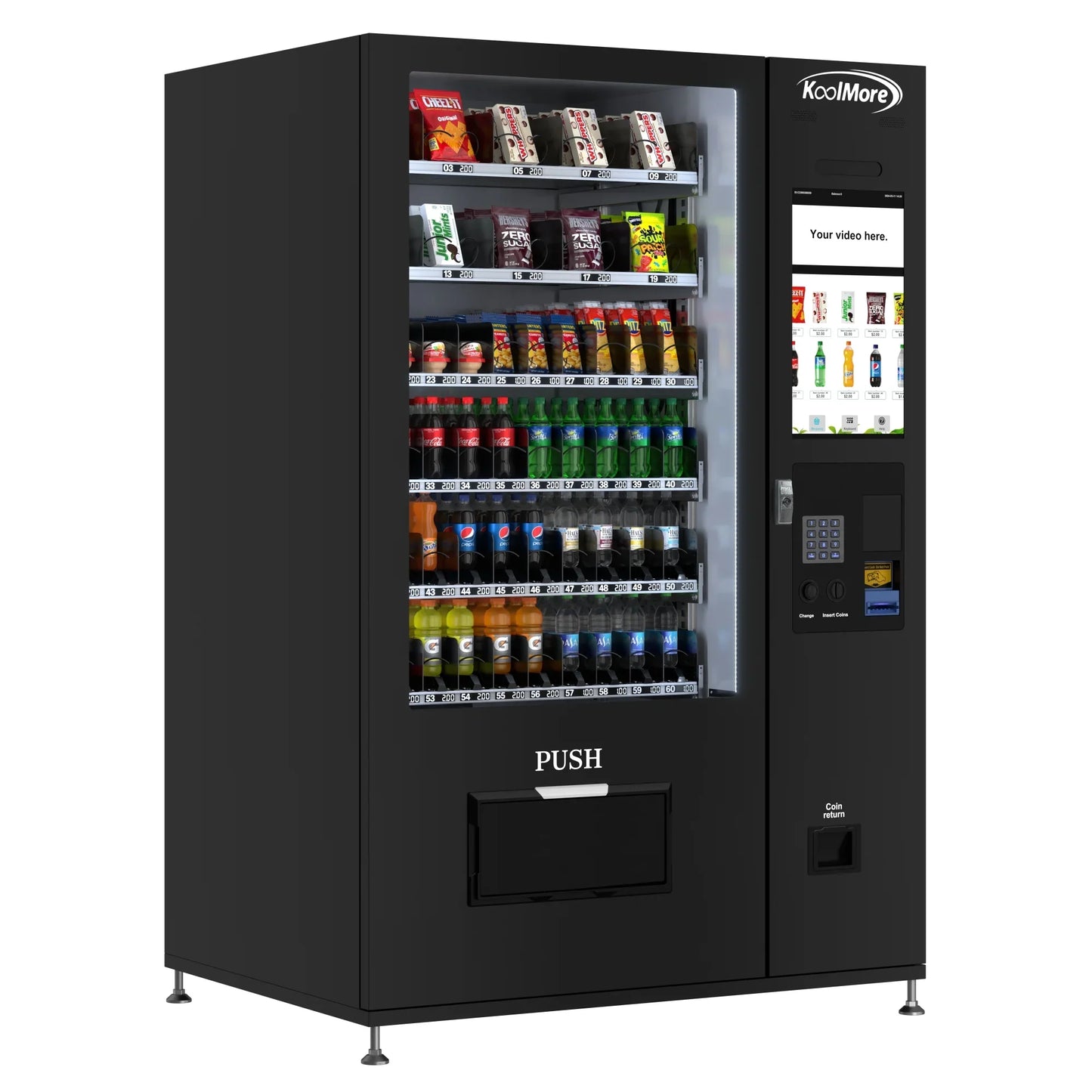 Kool More Refrigerated Snack and Drink Vending Machine with 60 Slots and 22 Inch Touch Screen in Black