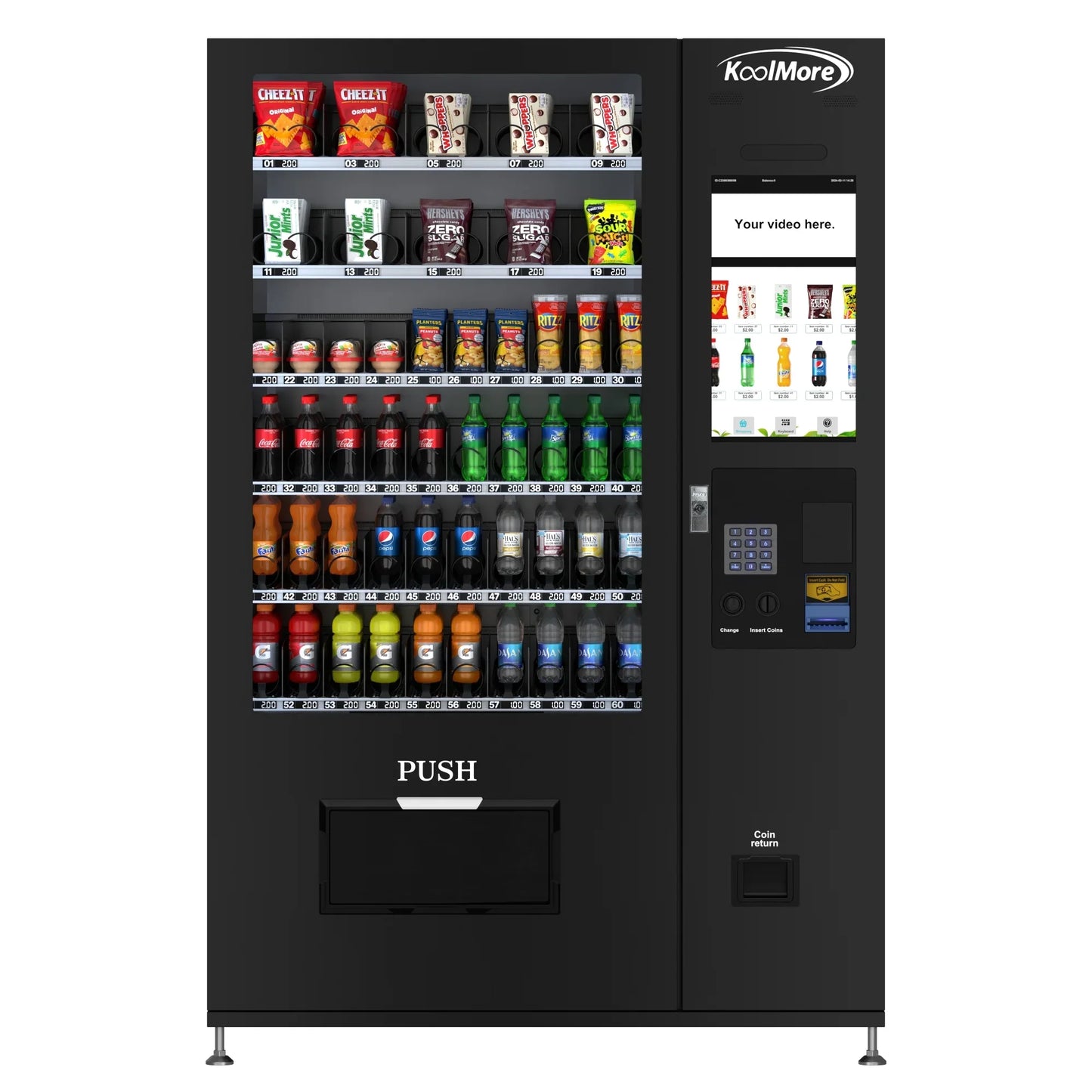 Kool More Refrigerated Snack and Drink Vending Machine with 60 Slots and 22 Inch Touch Screen in Black