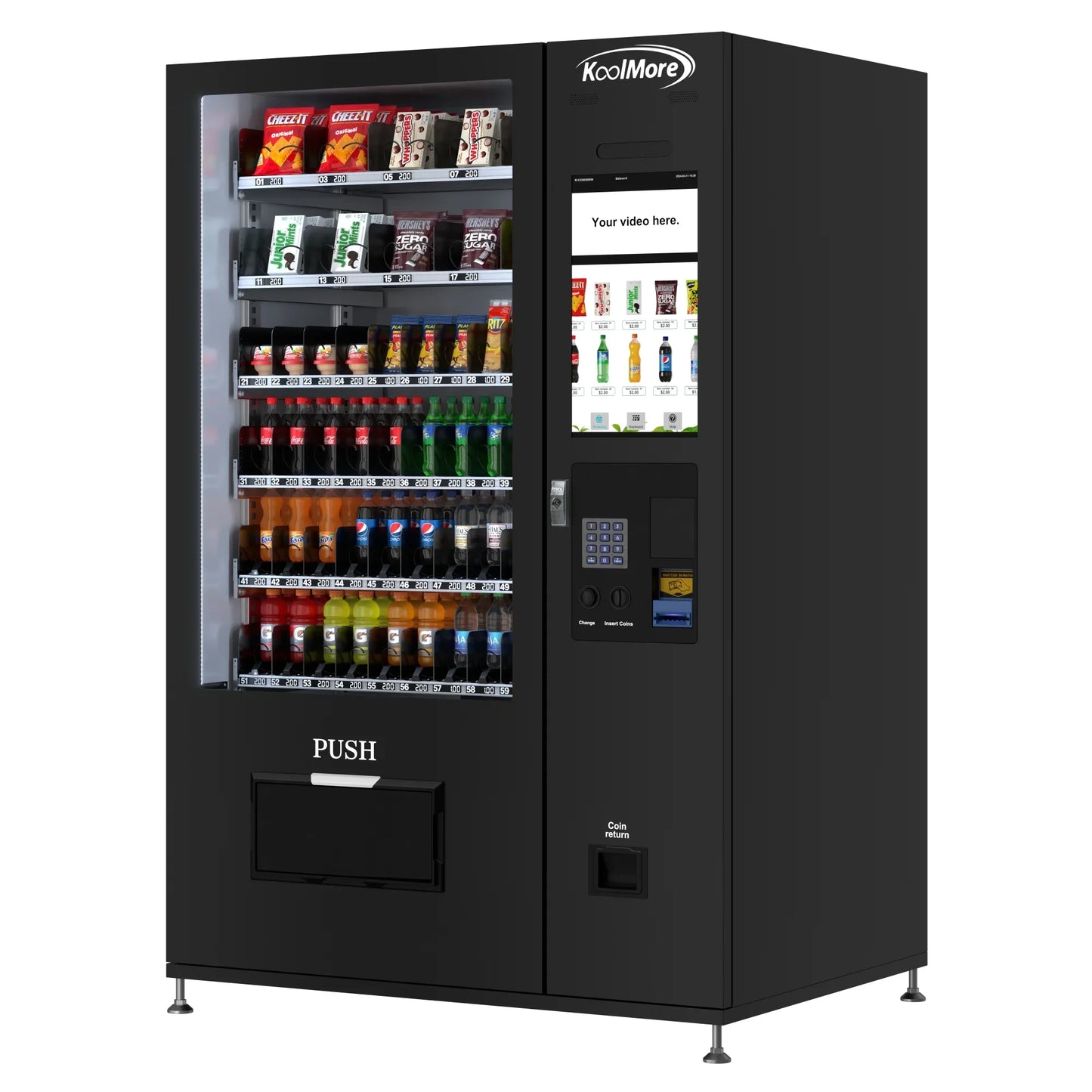 Kool More Refrigerated Snack and Drink Vending Machine with 60 Slots and 22 Inch Touch Screen in Black
