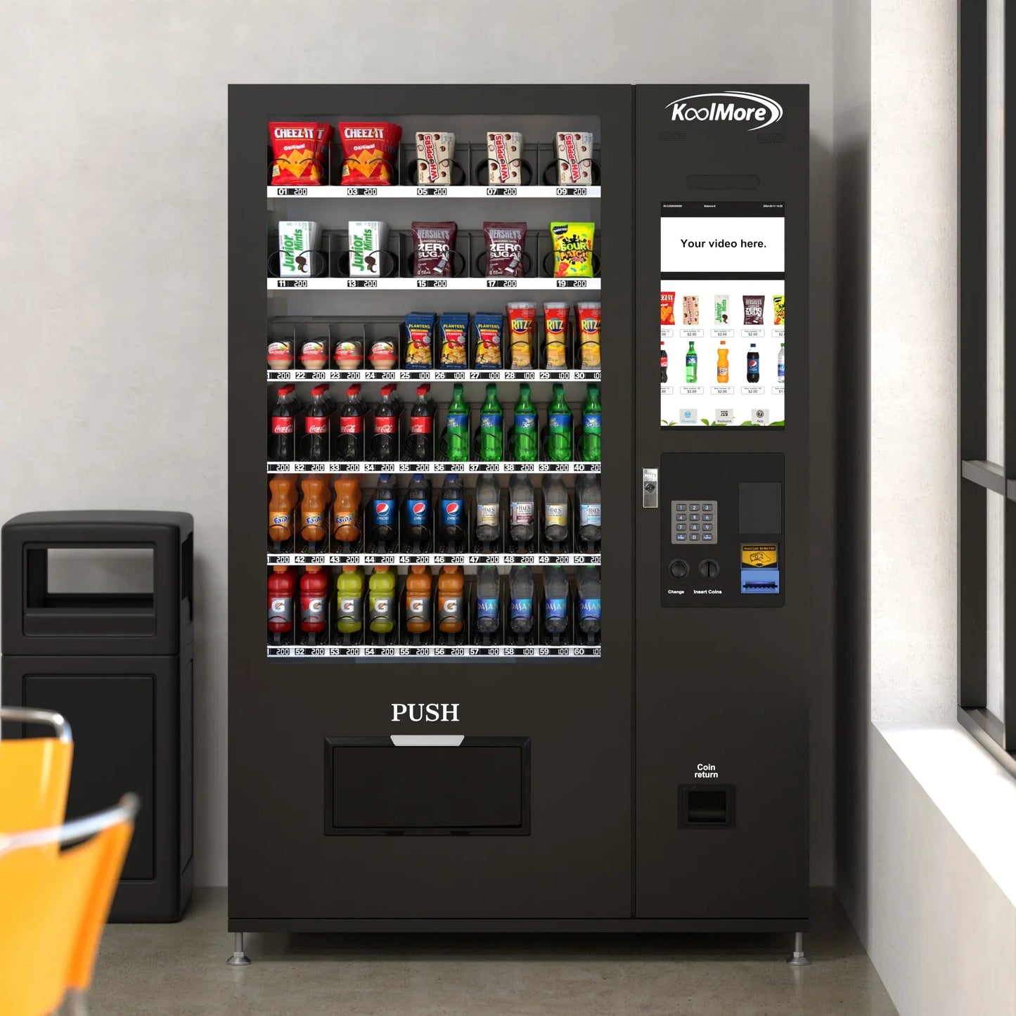 Kool More Refrigerated Snack and Drink Vending Machine with 60 Slots and 22 Inch Touch Screen in Black
