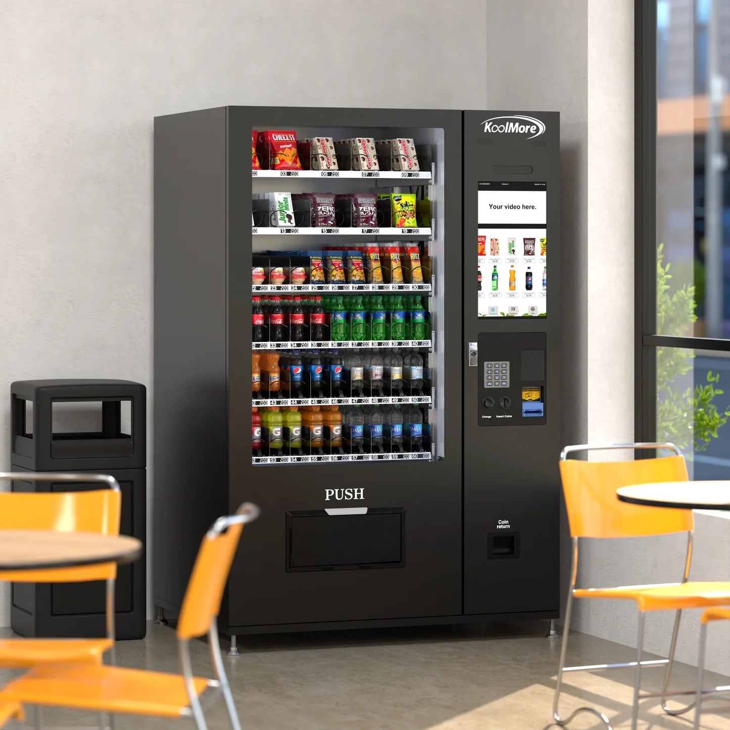 Kool More Refrigerated Snack and Drink Vending Machine with 60 Slots and 22 Inch Touch Screen in Black