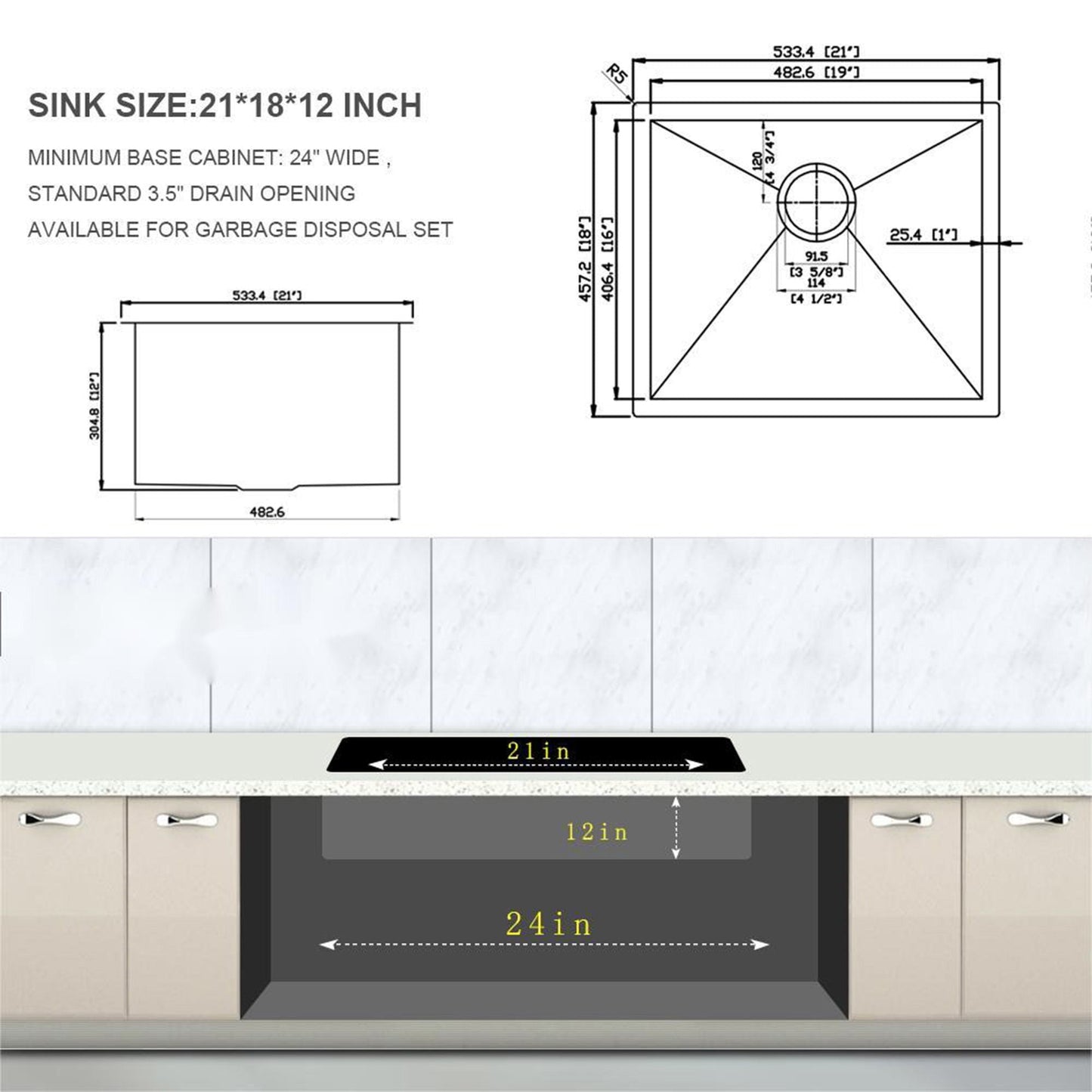 Modern Undermount Stainless Steel Kitchen Sink 16 Gauge, Deep Single Bowl