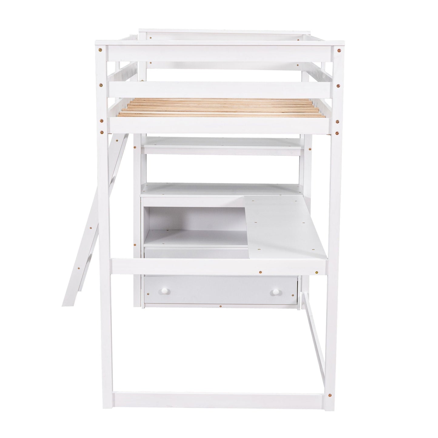 Modern Loft Bed With Built In Desk, Shelves, And 2 Drawers