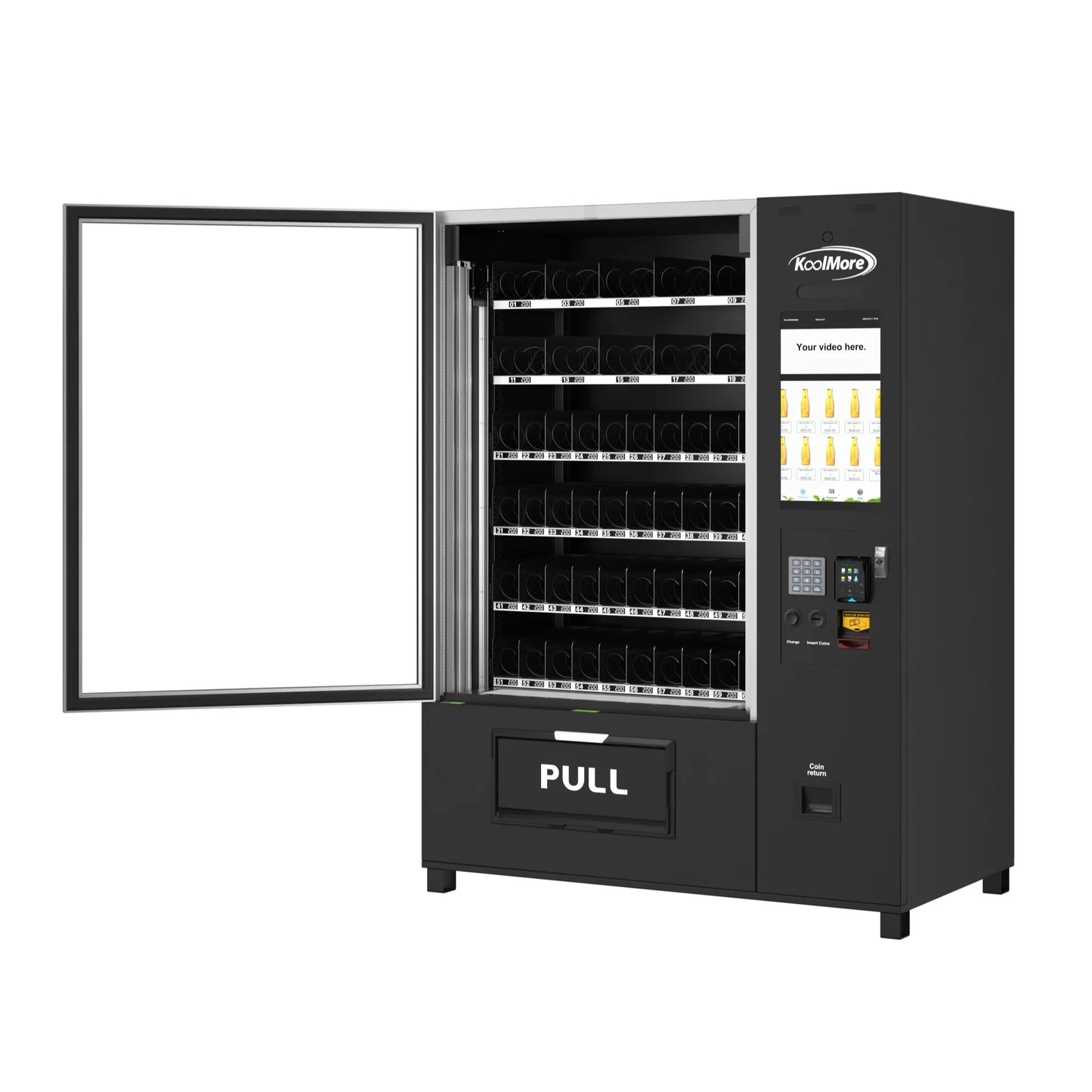 Kool More Snack Vending Machine with 21.5 Inch Touch Display, 66 Slots and Elevator-Lift Dispensing System, Refrigerated, Wifi and 4G Connectivity in Black