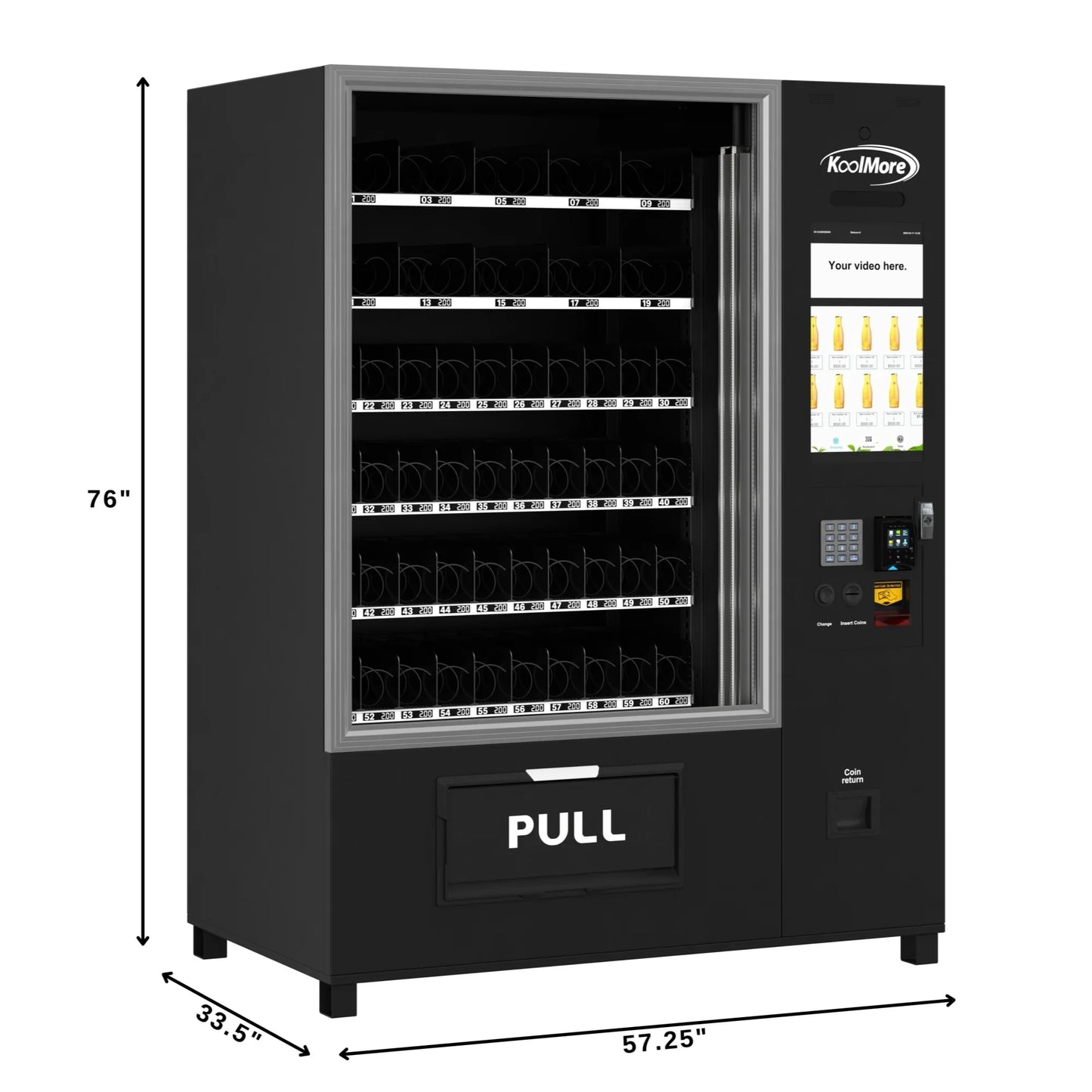 Kool More Snack Vending Machine with 21.5 Inch Touch Display, 66 Slots and Elevator-Lift Dispensing System, Refrigerated, Wifi and 4G Connectivity in Black