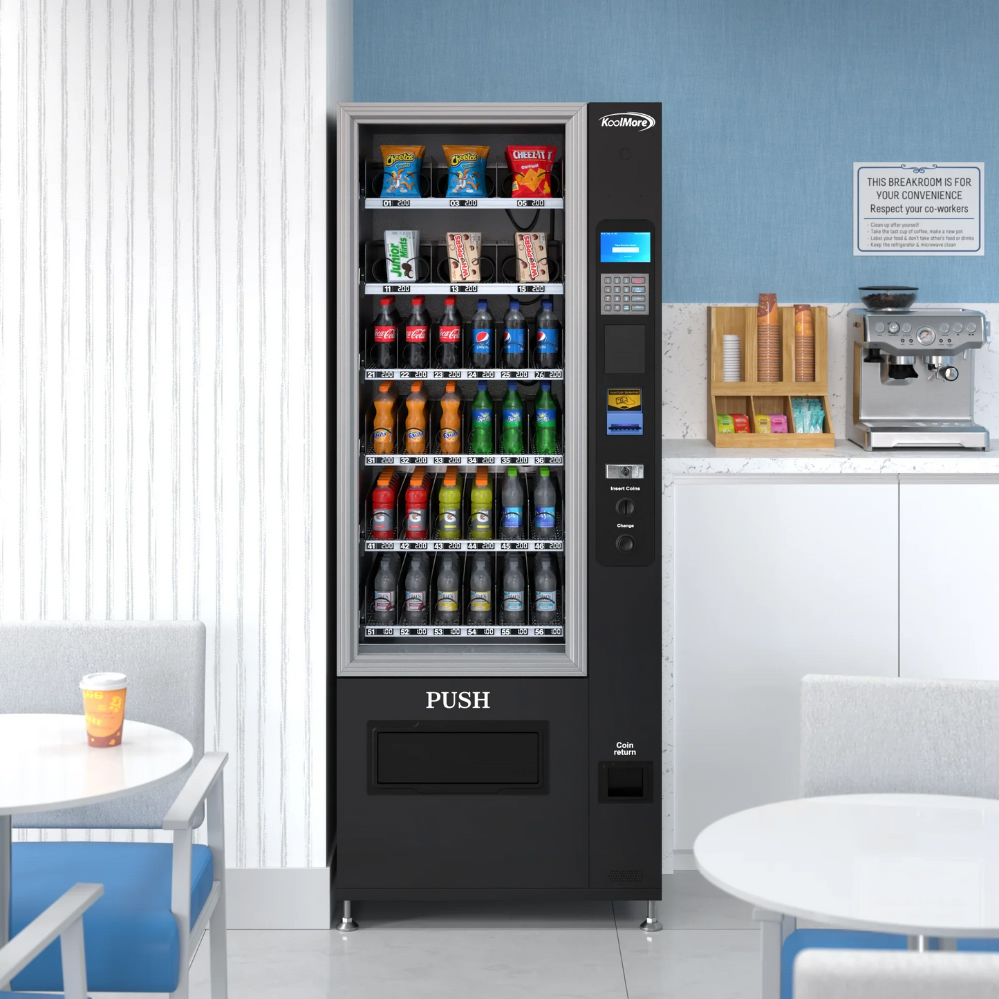 Kool More Refrigerated Snack and Drink Vending Machine with 36 Slots in Black