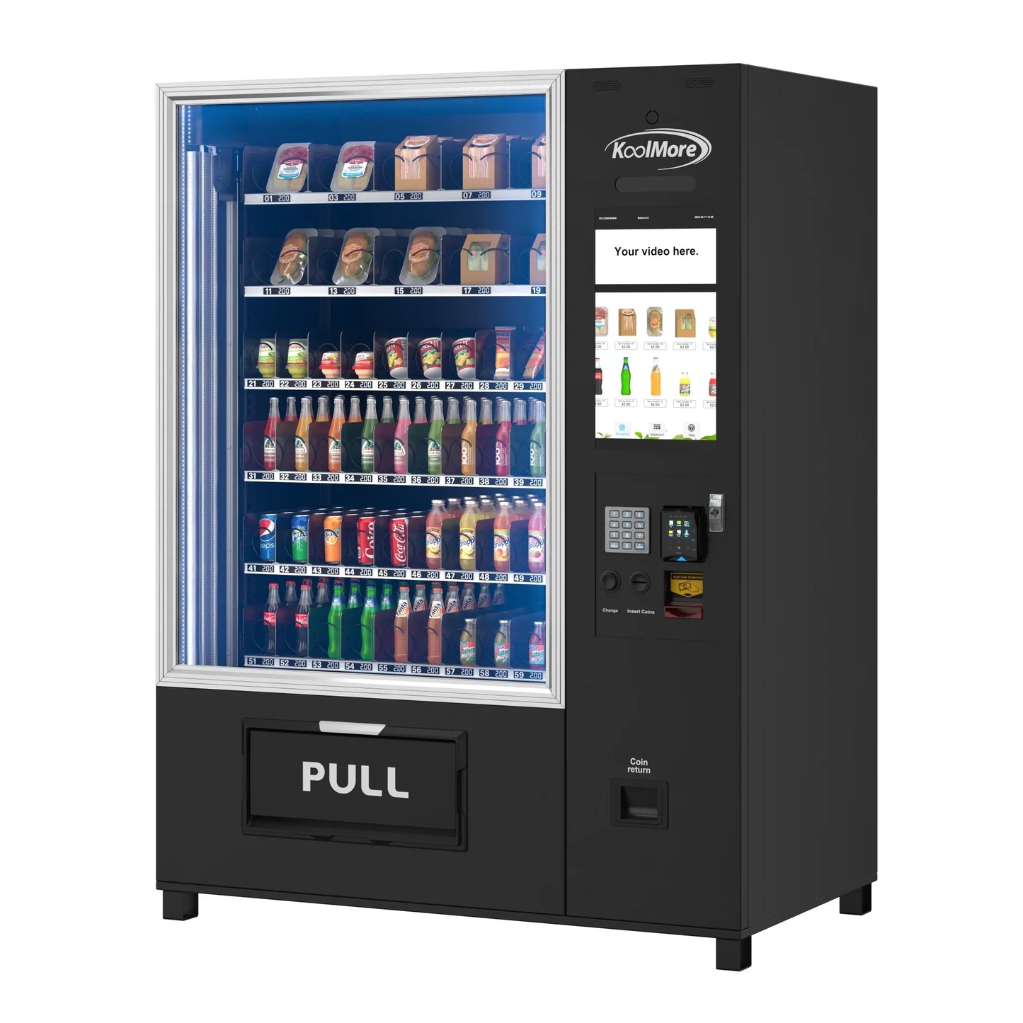 Kool More Snack Vending Machine with 21.5 Inch Touch Display, 66 Slots and Elevator-Lift Dispensing System, Refrigerated, Wifi and 4G Connectivity in Black