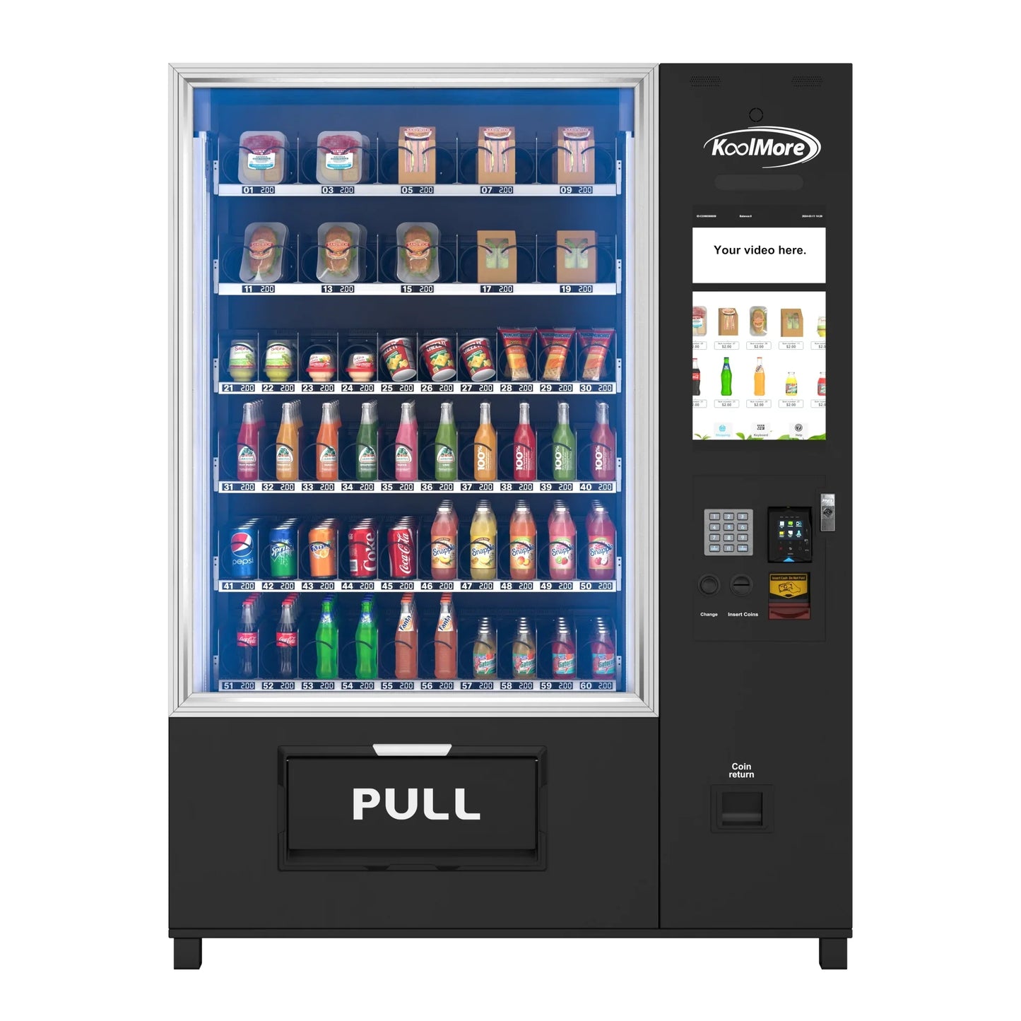 Kool More Snack Vending Machine with 21.5 Inch Touch Display, 66 Slots and Elevator-Lift Dispensing System, Refrigerated, Wifi and 4G Connectivity in Black