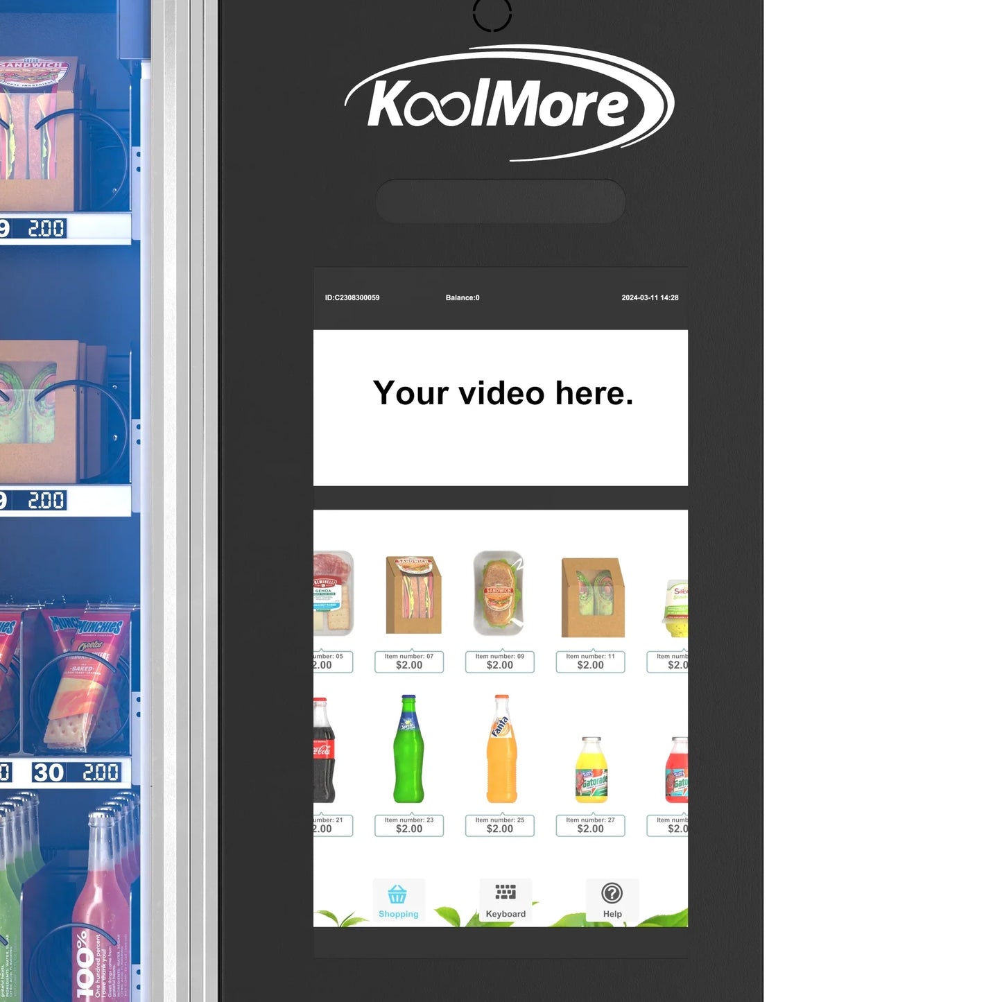 Kool More Snack Vending Machine with 21.5 Inch Touch Display, 66 Slots and Elevator-Lift Dispensing System, Refrigerated, Wifi and 4G Connectivity in Black