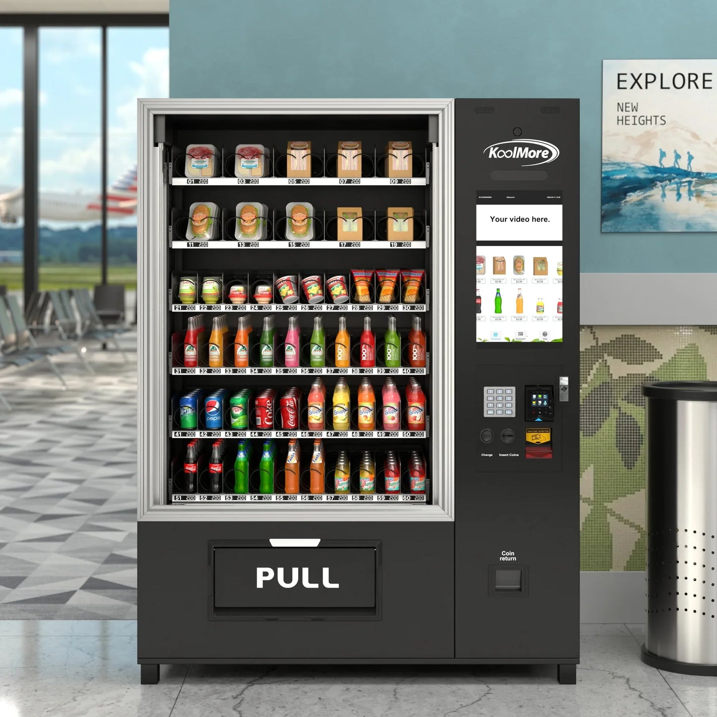 Kool More Snack Vending Machine with 21.5 Inch Touch Display, 66 Slots and Elevator-Lift Dispensing System, Refrigerated, Wifi and 4G Connectivity in Black