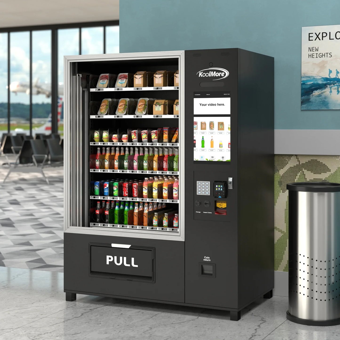 Kool More Snack Vending Machine with 21.5 Inch Touch Display, 66 Slots and Elevator-Lift Dispensing System, Refrigerated, Wifi and 4G Connectivity in Black