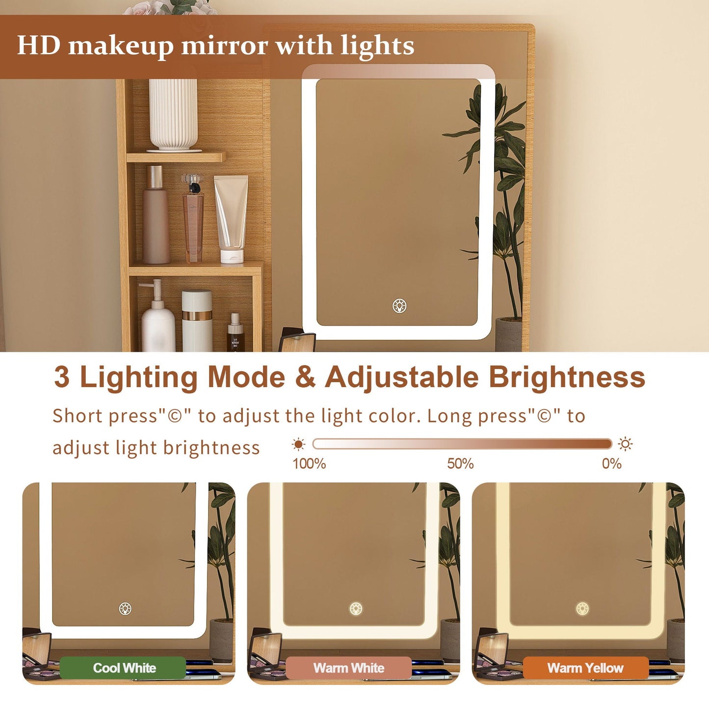Vanity Table With LED Mirror, Power Outlet, Hairdryer Holder & Padded Stool