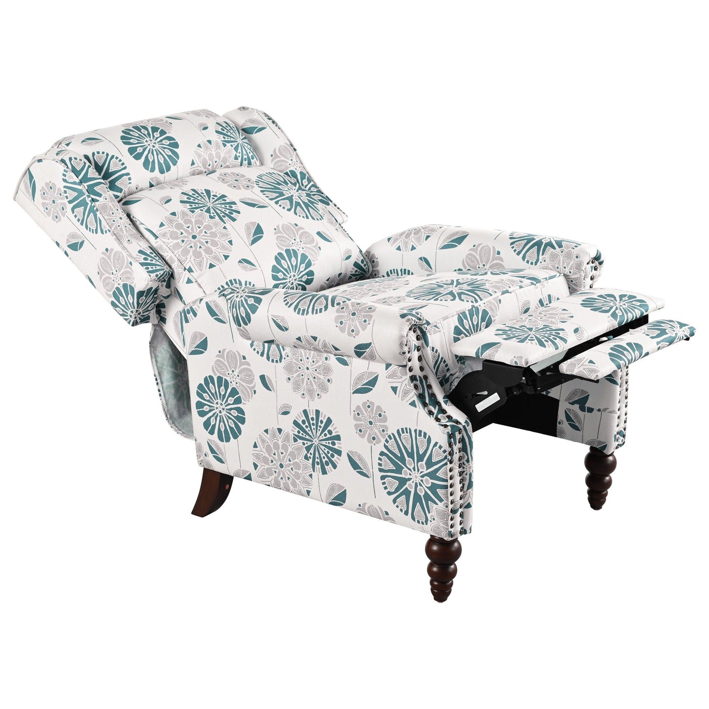 Push Back Recliner Chair Upholstered With Classic Wing Back And Solid Gourd-Shaped Legs
