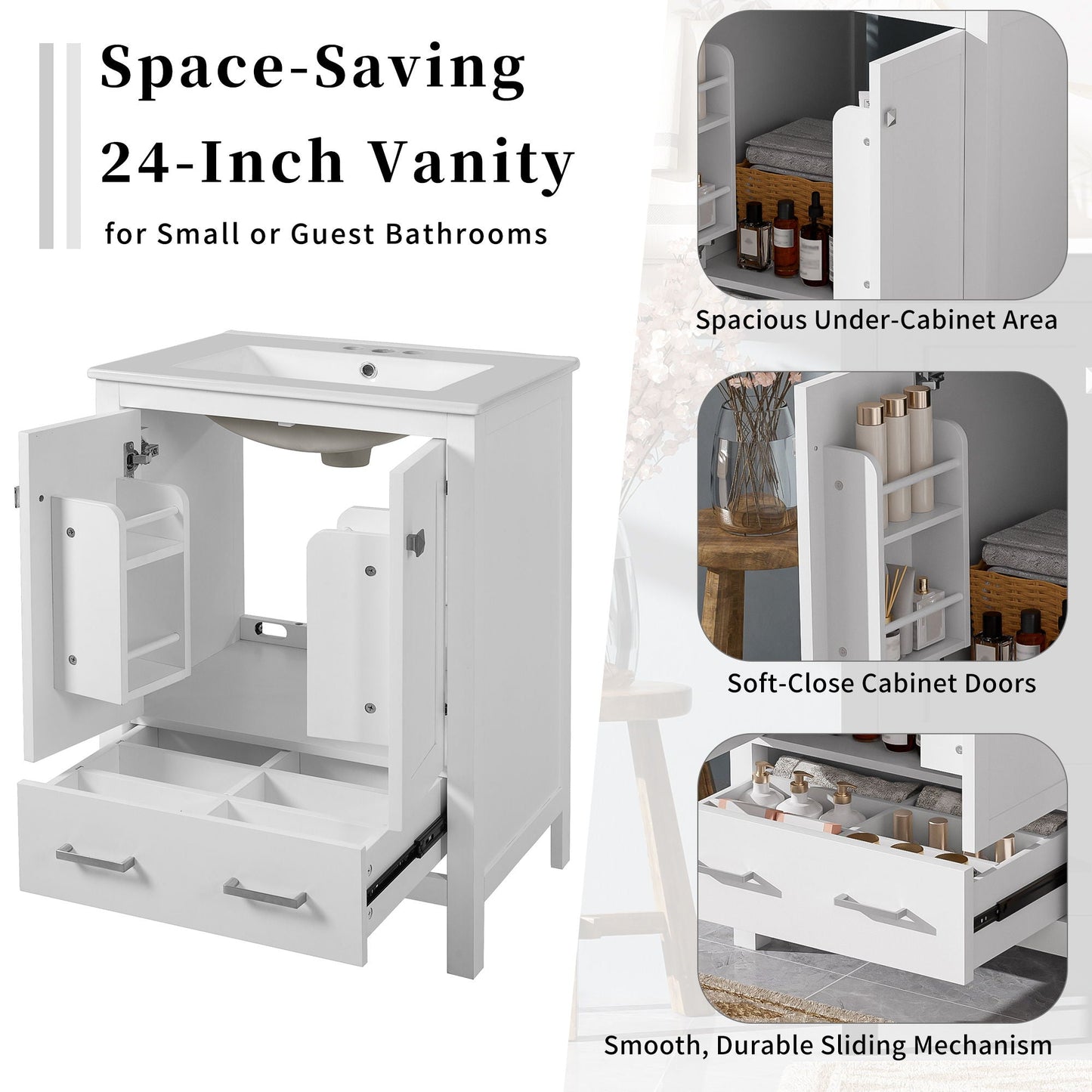 Bathroom Vanity With Integrated Undermount Ceramic Sink, 2 Doors And 1 Drawer, Soft Close Hinges
