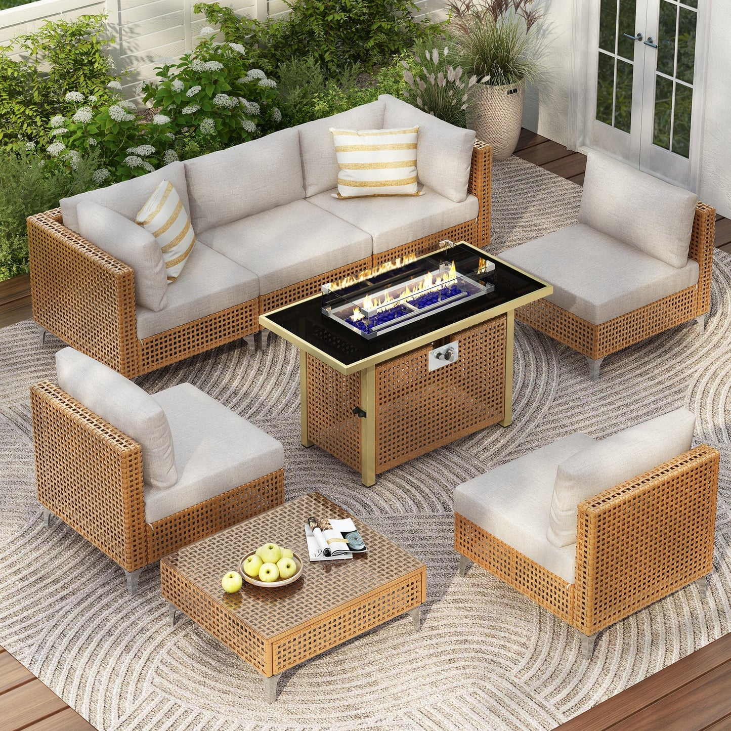 K&K 8-Piece Patio Furniture Set with Fire Pit Table