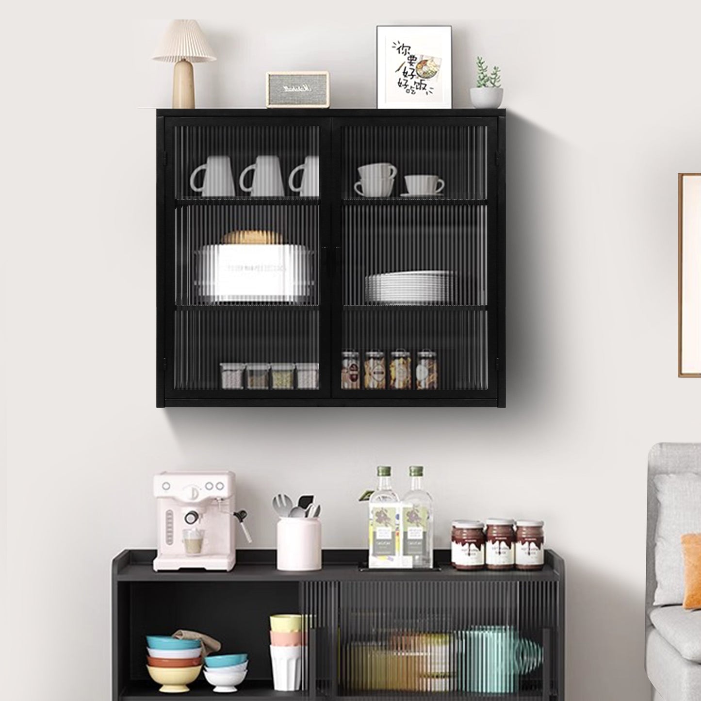 27.56"Glass Doors Modern Two-door Wall Cabinet with Featuring Three-tier Black