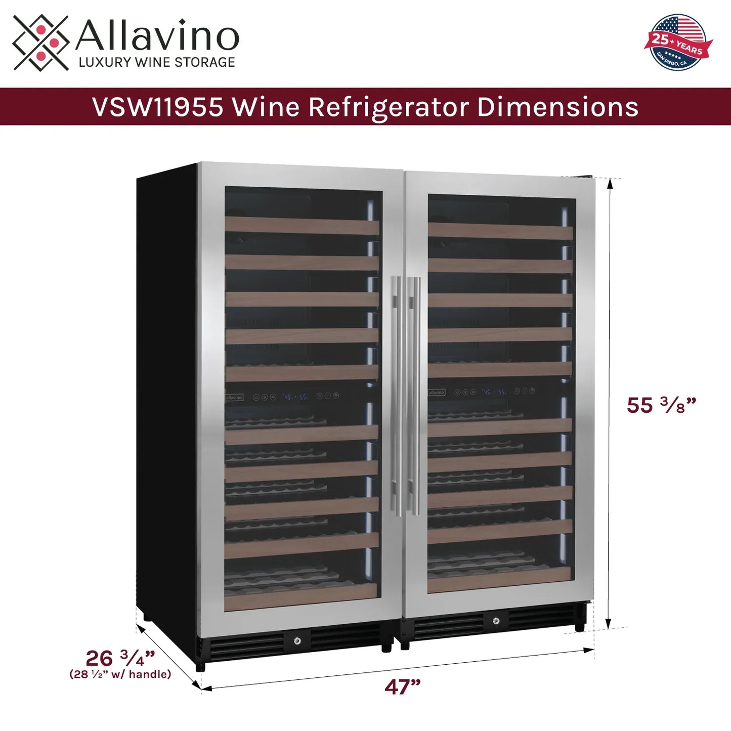 Allavino 238 Bottle 55" Tall Side-by-Side Stainless Steel Wine Refrigerator