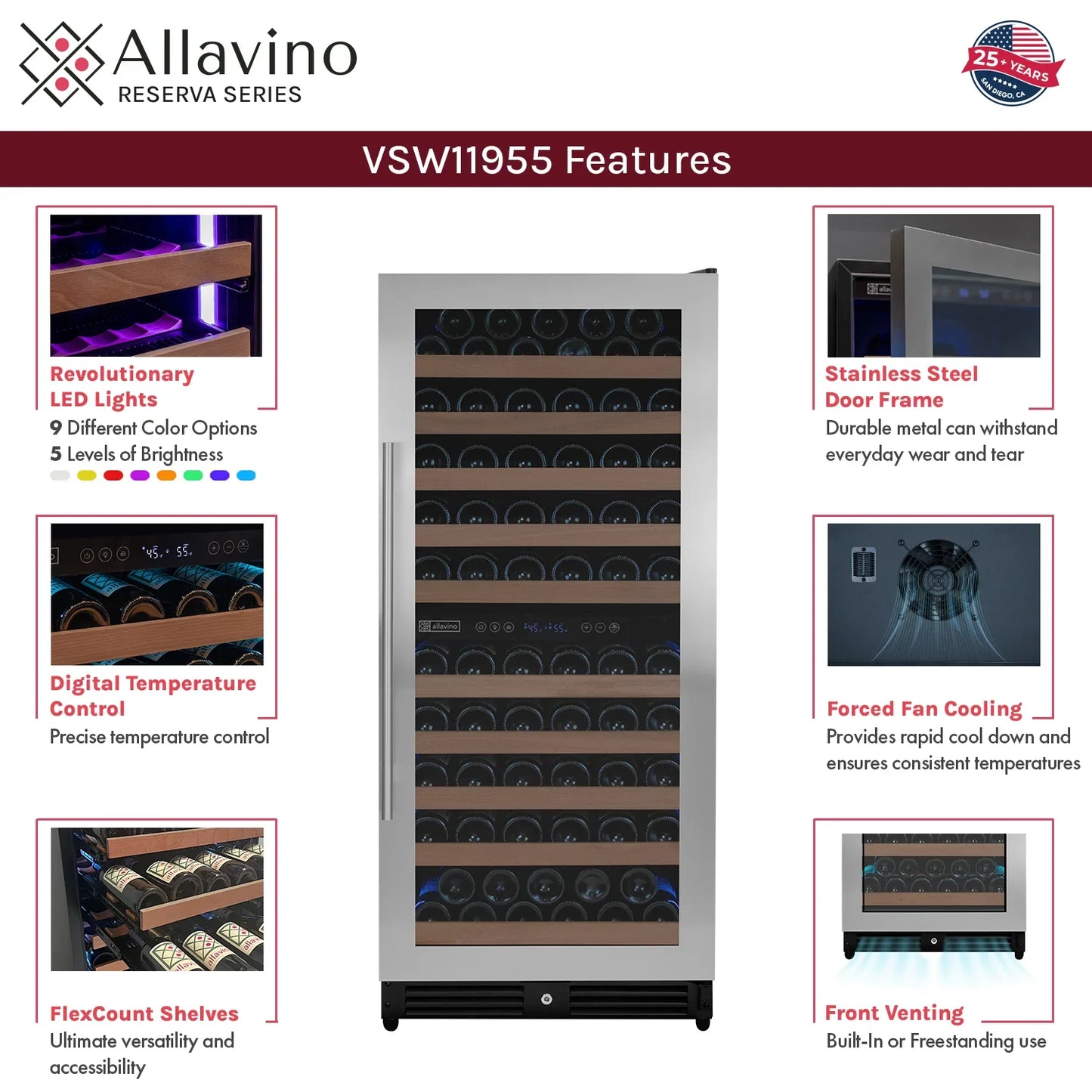 Allavino 238 Bottle 55" Tall Side-by-Side Stainless Steel Wine Refrigerator