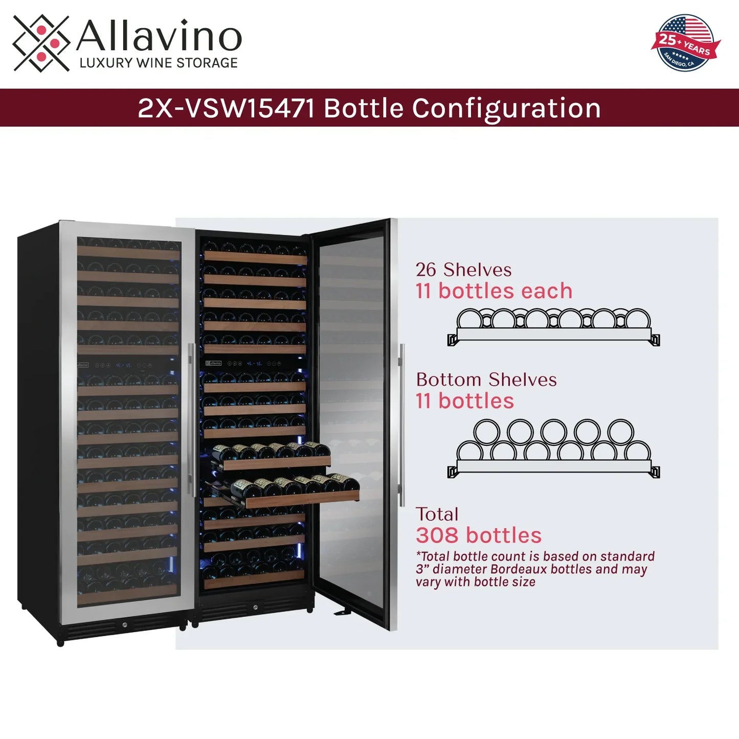 Allavino Reserva Series 308 Bottle 71" Tall Stainless Steel Side-by-Side Wine Refrigerator