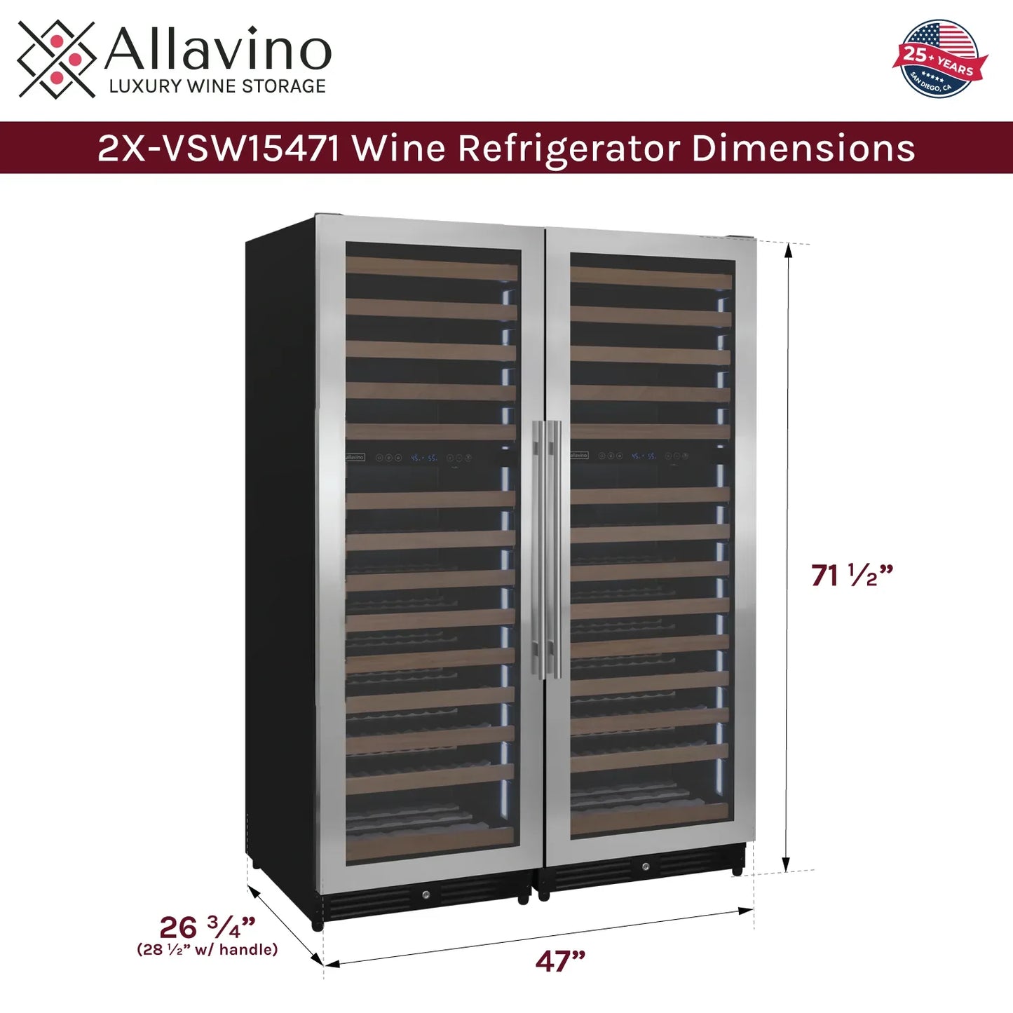 Allavino Reserva Series 308 Bottle 71" Tall Stainless Steel Side-by-Side Wine Refrigerator