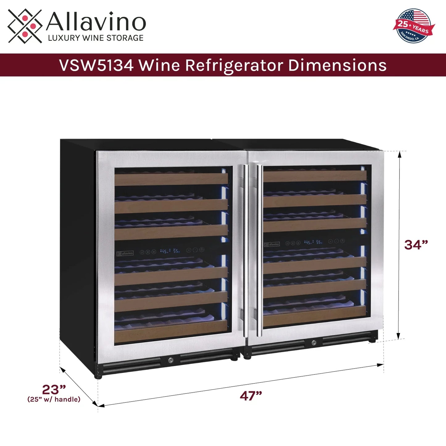 Allavino Reserva Series 112 Bottle Undercounter Wine Refrigerator Cooler with Stainless Steel Doors - Side-by-Side