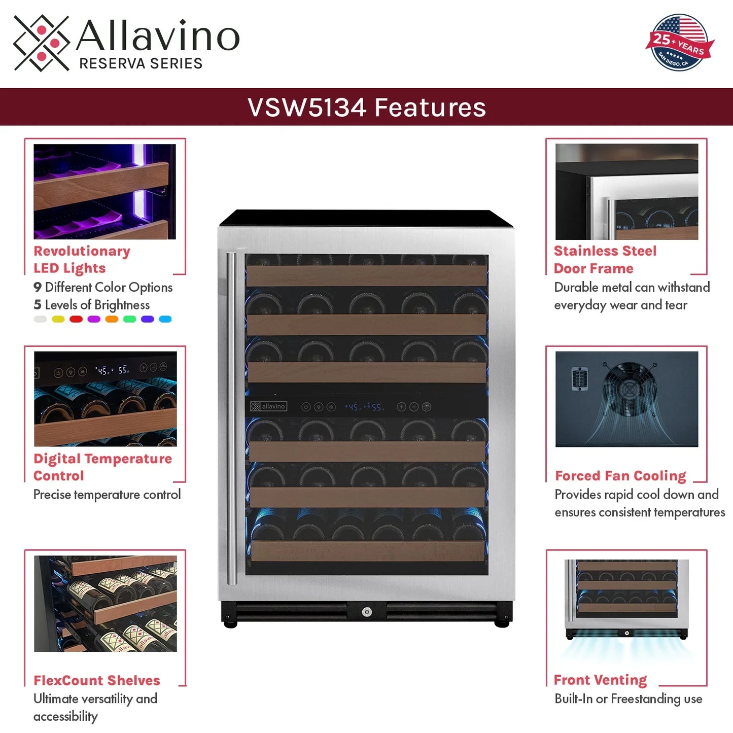 Allavino Reserva Series 112 Bottle Undercounter Wine Refrigerator Cooler with Stainless Steel Doors - Side-by-Side