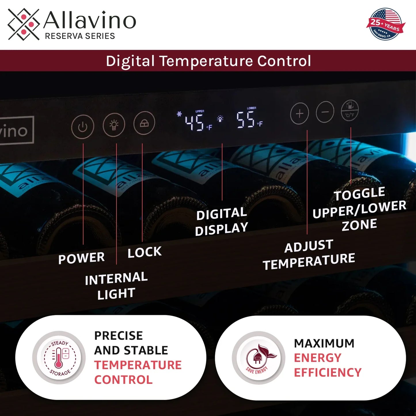 Allavino Reserva Series 112 Bottle Undercounter Wine Refrigerator Cooler with Stainless Steel Doors - Side-by-Side