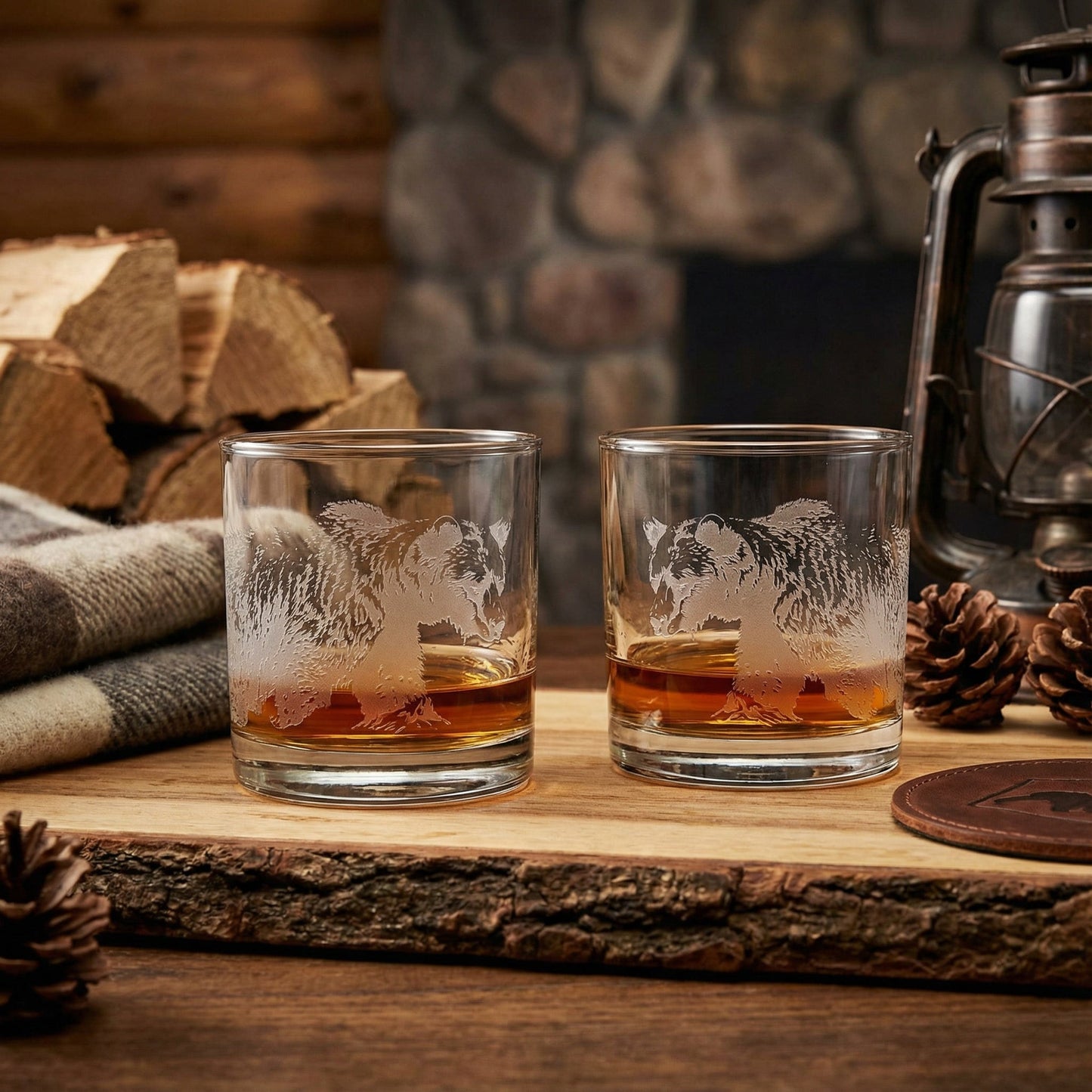 Bear Sand Carved Whiskey Glass Set of 2
