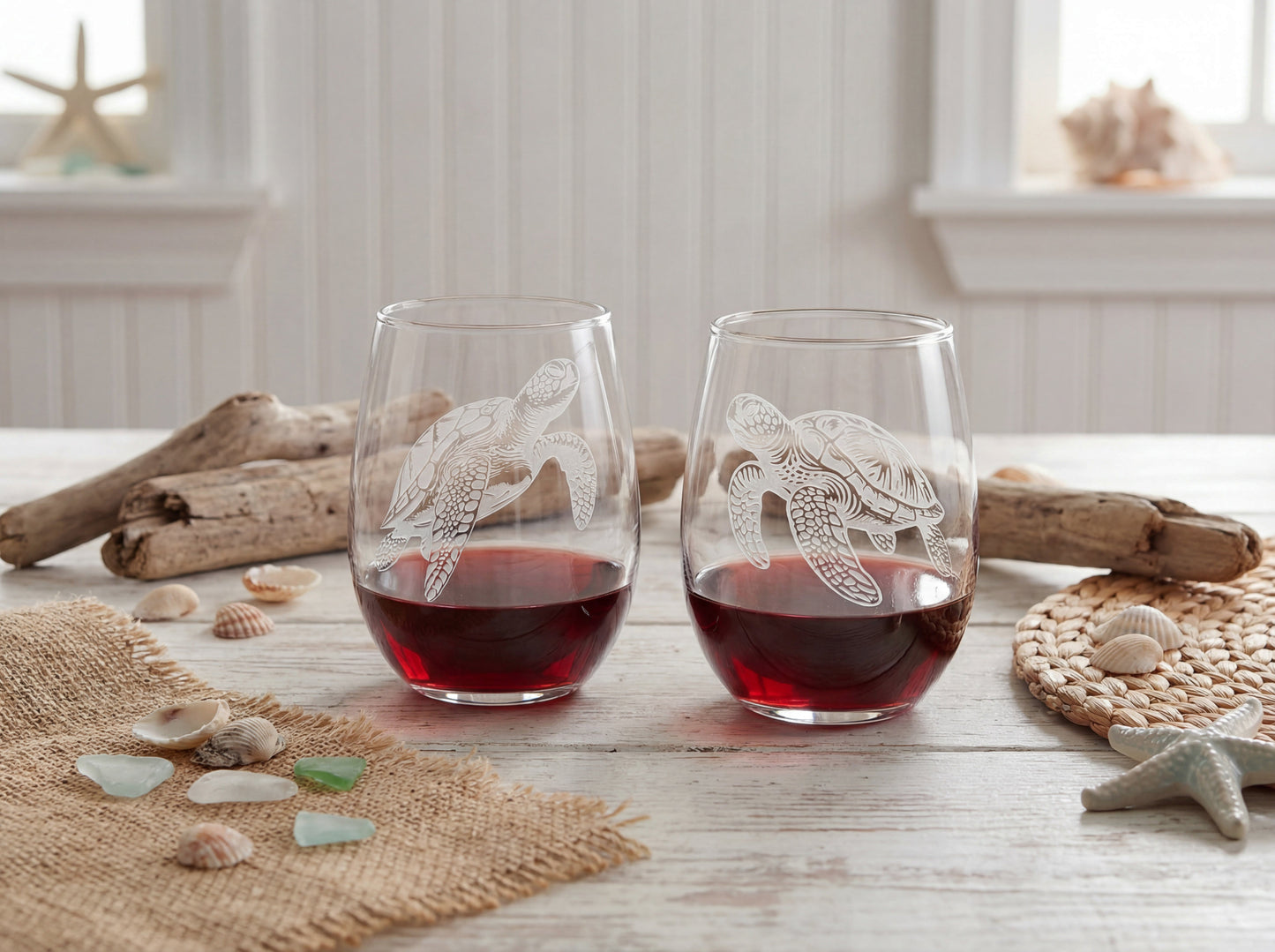Sea Turtle Stemless Wine  Sand Carved Wine Glasses Set of 2