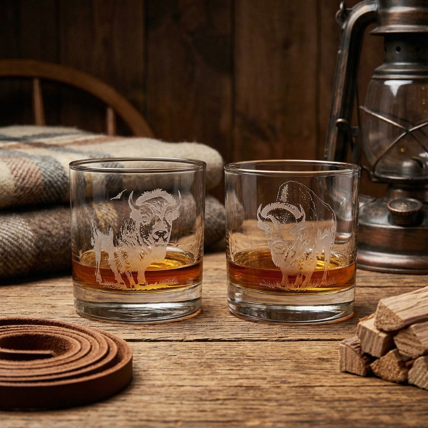Bison Sand Carved Old Fashion Set of 2