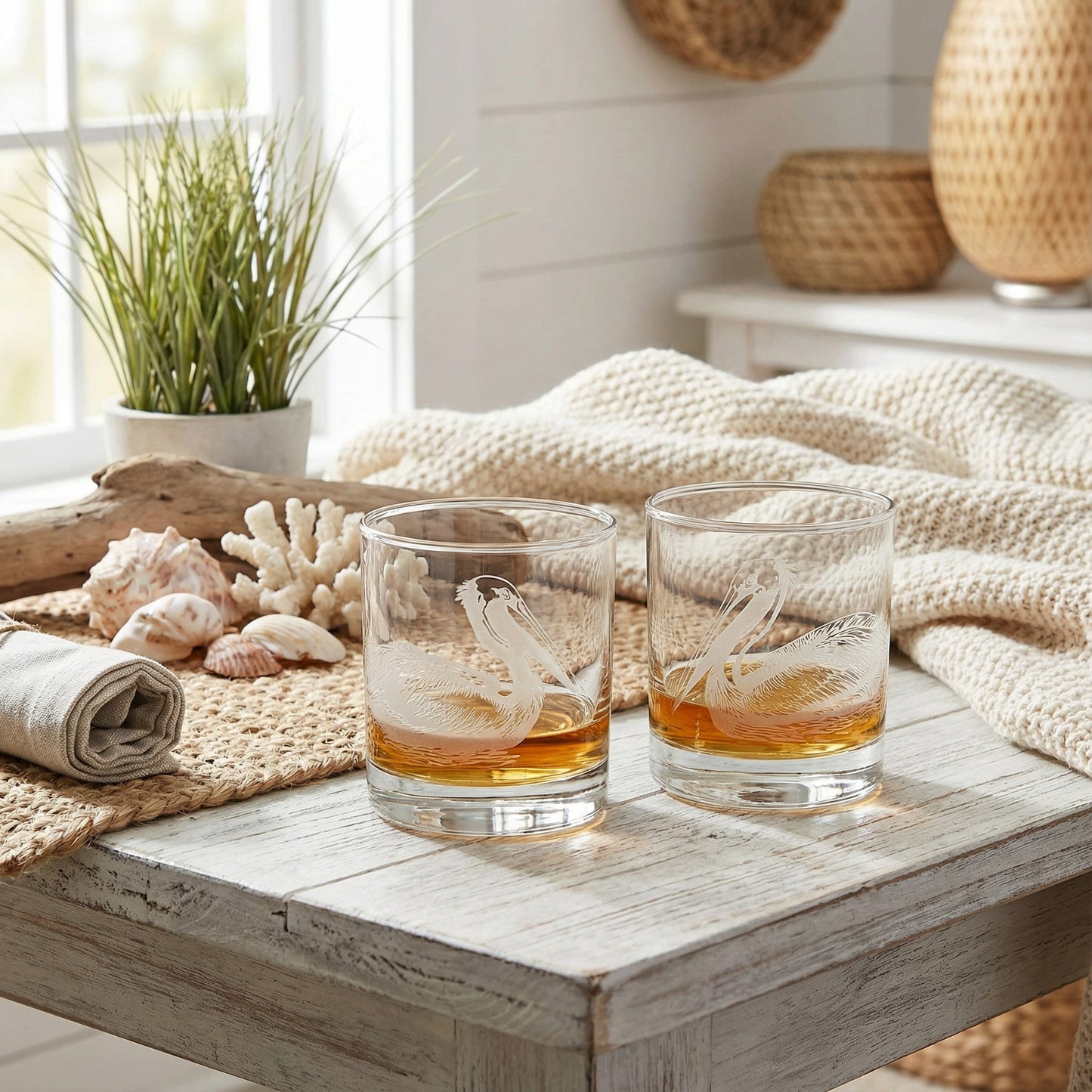 Pelicans Sand Carved Etched Whiskey Glasses Set of 2