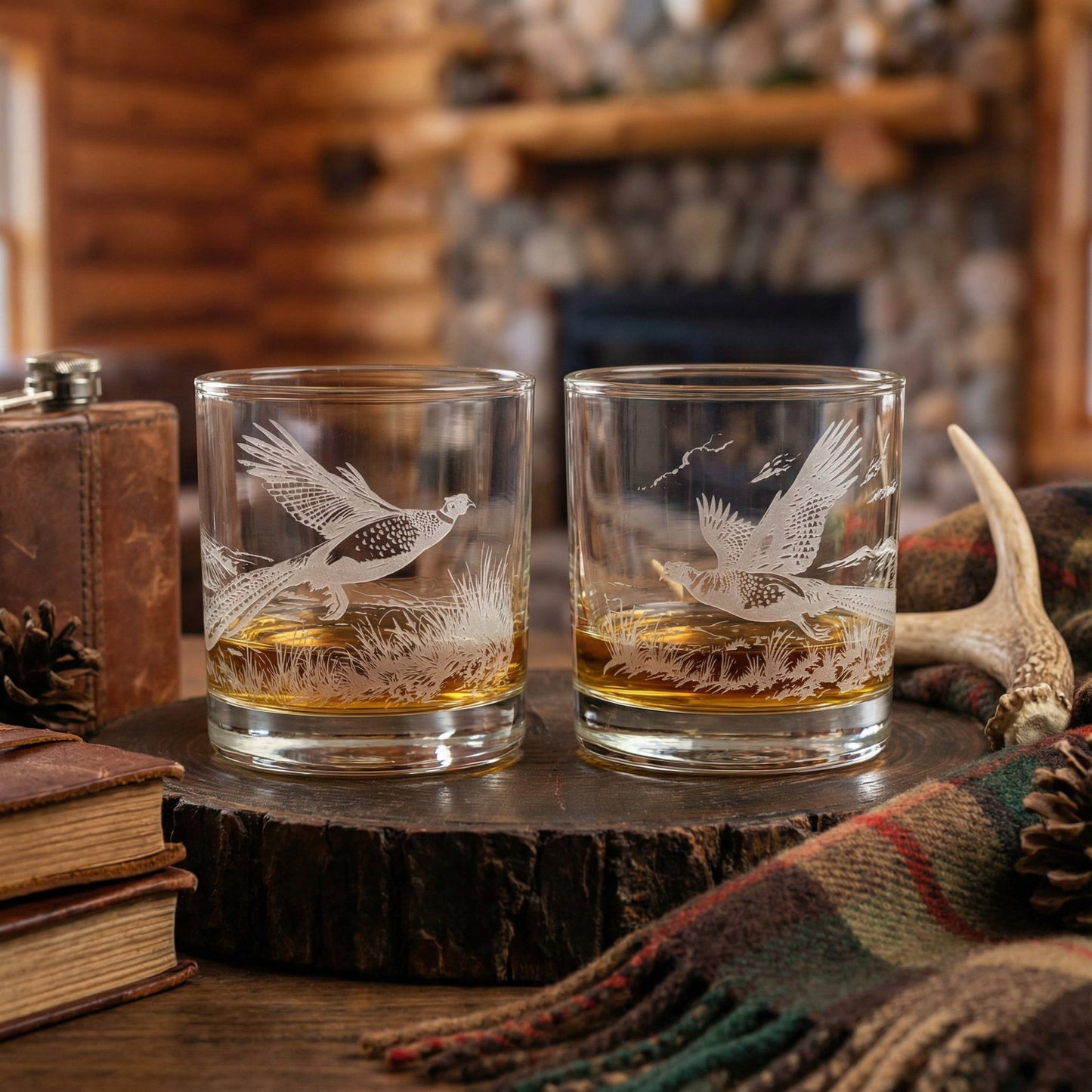 Pheasant Sand Carved Whiskey Glasses Set of 2