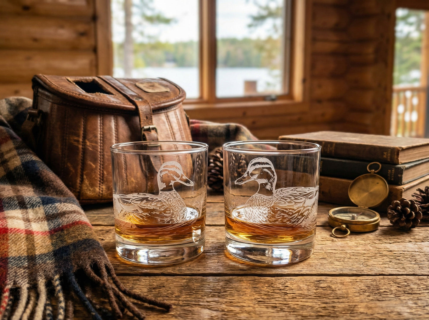 Ducks Inspired Sand Carved Old Fashion Glasses Set of 2