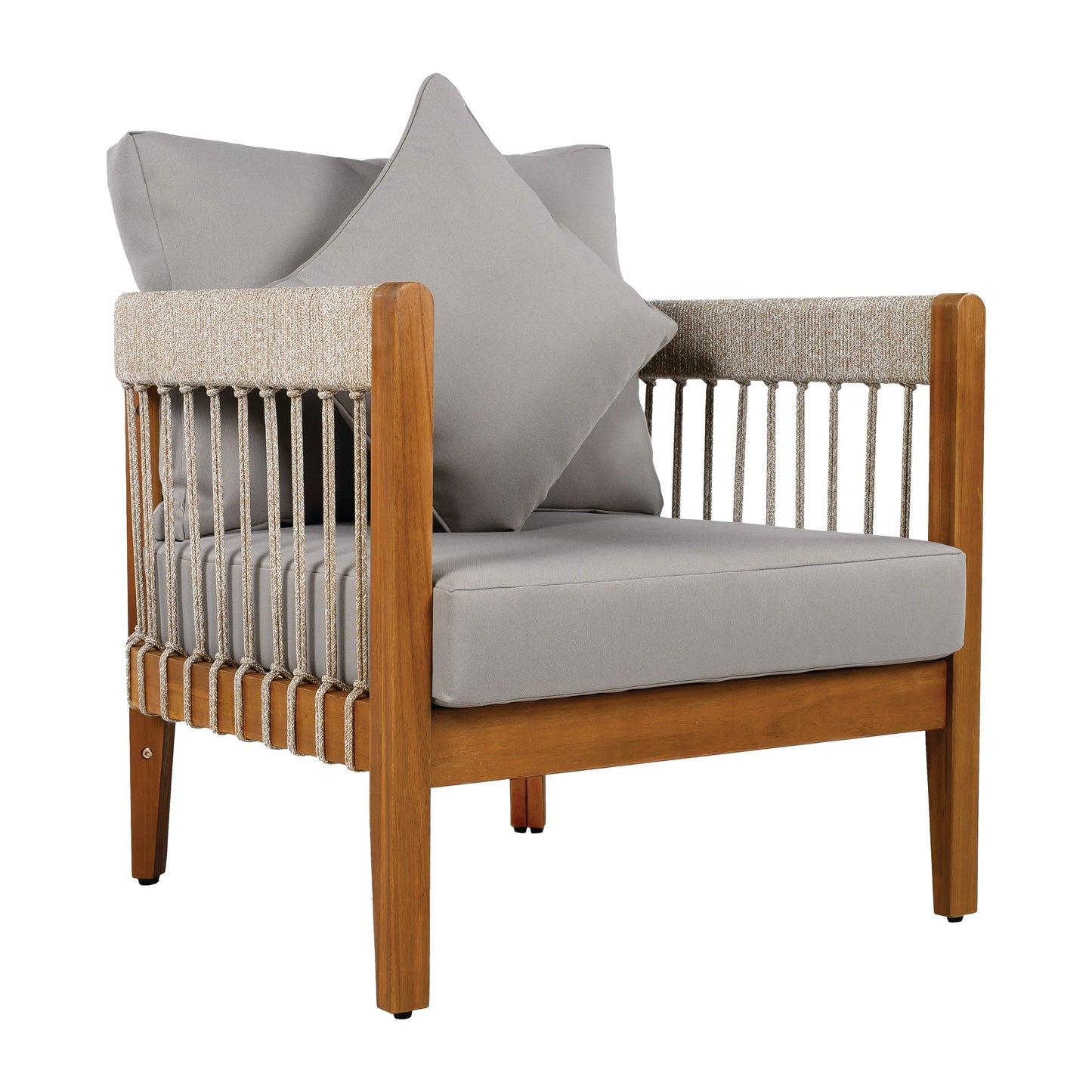 Acacia Wood Outdoor Club Chair with Handwoven Rope Accents & Curved Backrest