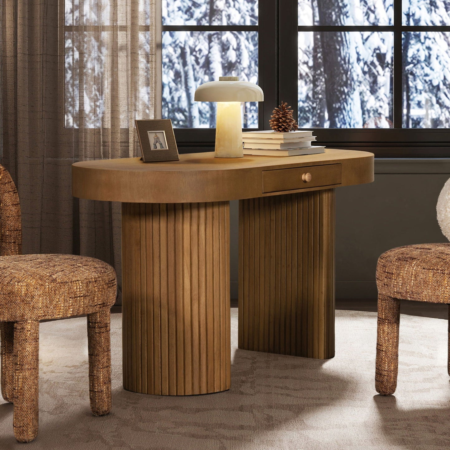 Jesse - Single Drawer Fluted Oval Console Desk - Honey Brown