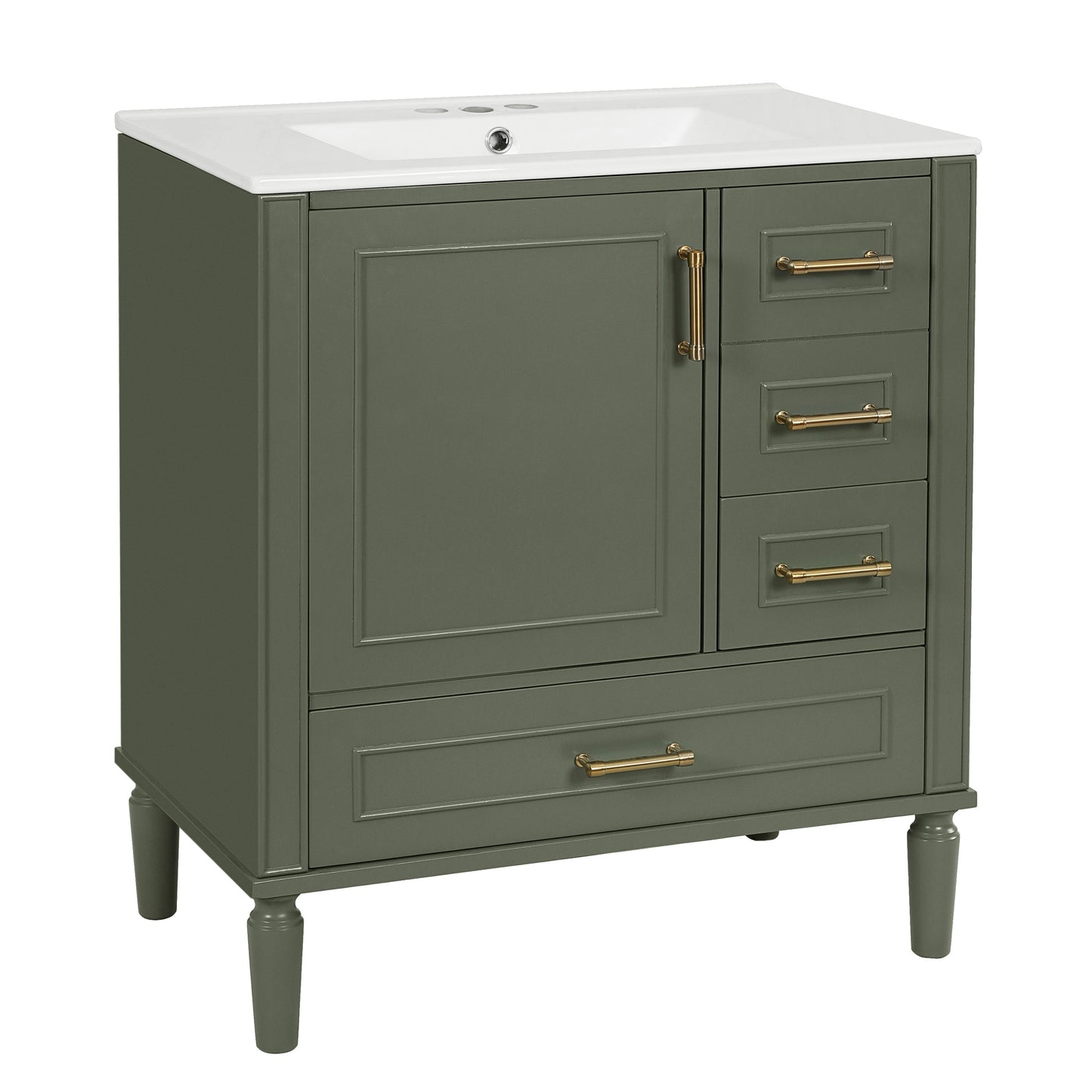 Elegant Olive Green 30' Bathroom Vanity with Ceramic Sink and Ample Storage, Solid Wood and MDF Construction