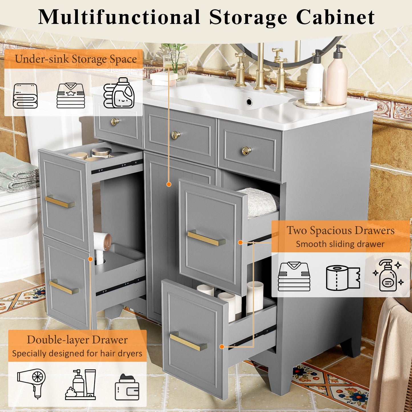 Bathroom Vanity With Ceramic Sink, Soft Close Doors, Adjustable Shelves