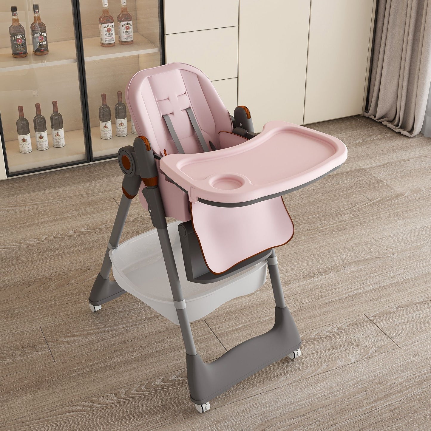Adjustable Baby High Chair 0-6 Years, Portable Infant Feeding Seat With Safety Belt, Silent Lockable Wheels