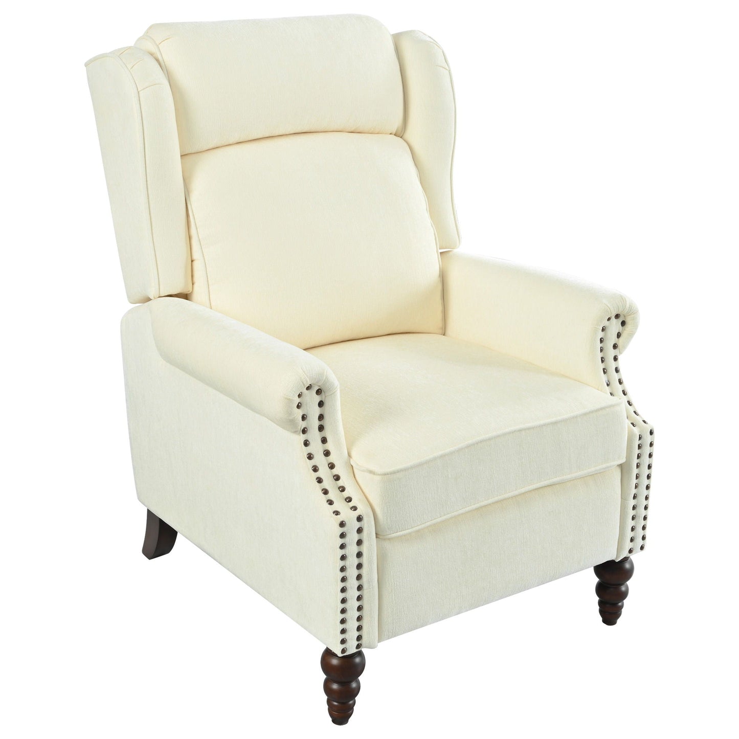 Push Back Recliner Chair Upholstered With Classic Wing Back And Solid Gourd-Shaped Legs