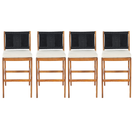 4 Pieces Arly Black Outdoor Bar Stool Solid Acacia Wood and Woven Wicker