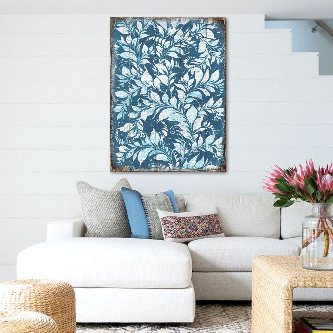 White and Blue Floral Rustic Wooden Wall Art by G. DeBrekht - Floral Ornamental Decor - 95005B