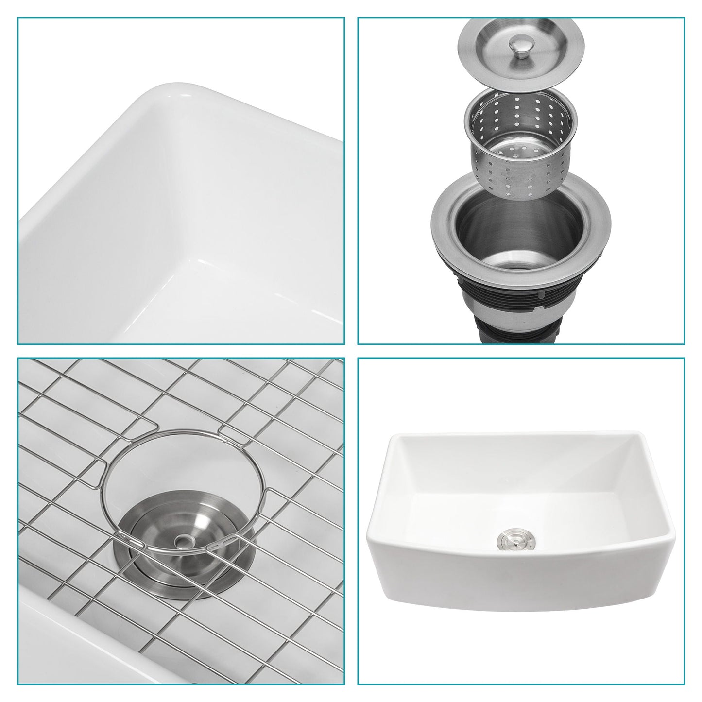 Ceramic Farmhouse Sink, Apron Front Single Bowl With Arch Edge