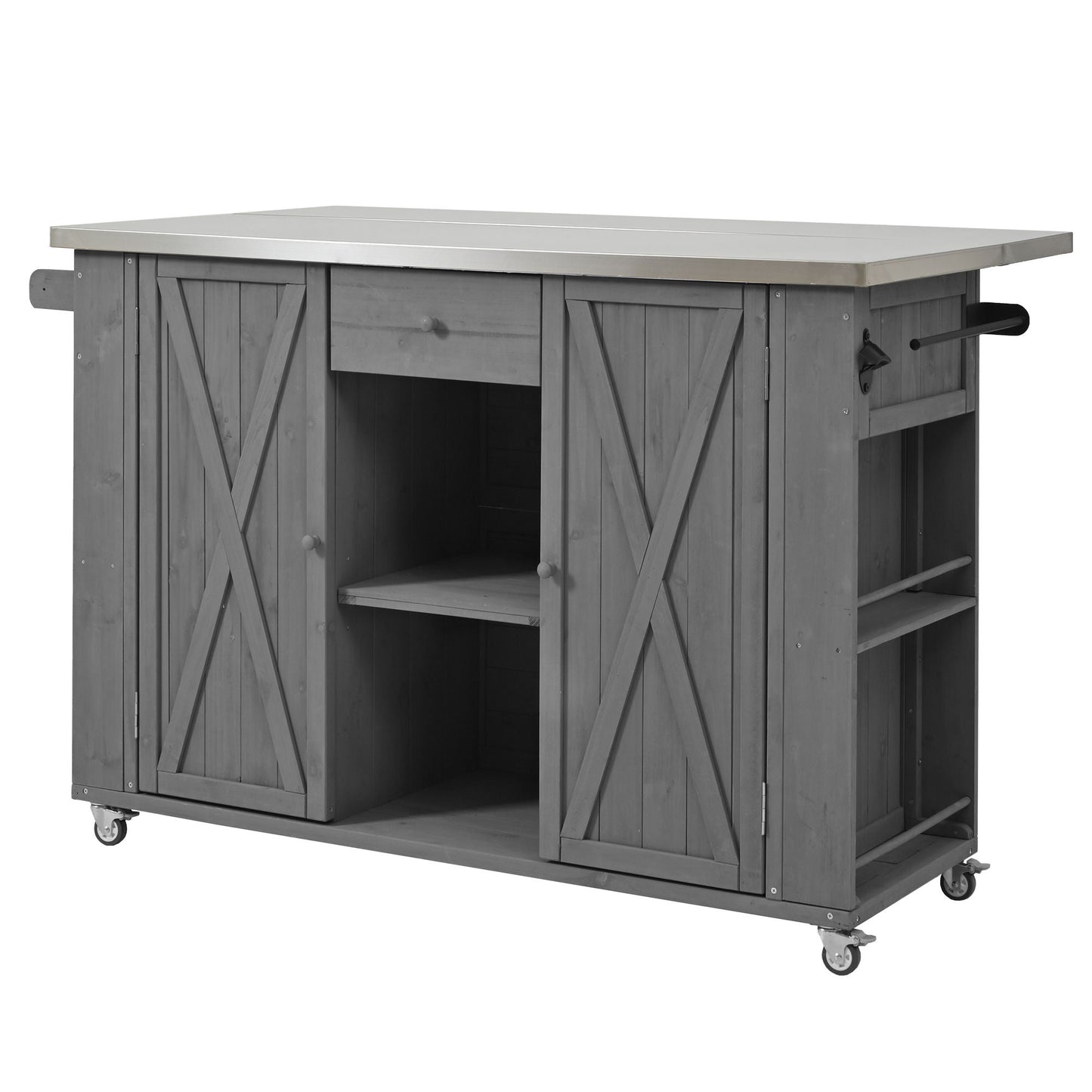 Outdoor Kitchen Island With Stainless Steel Top, Ample Storage Space, Towel And Spice Racks And A Bottle Opener
